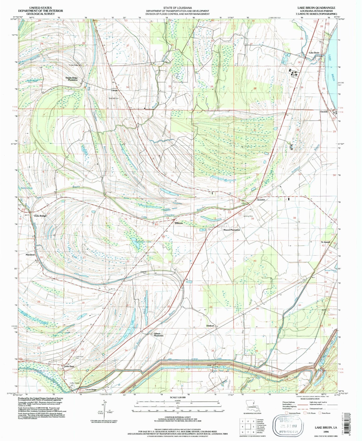Classic USGS Lake Bruin Louisiana 7.5'x7.5' Topo Map Image