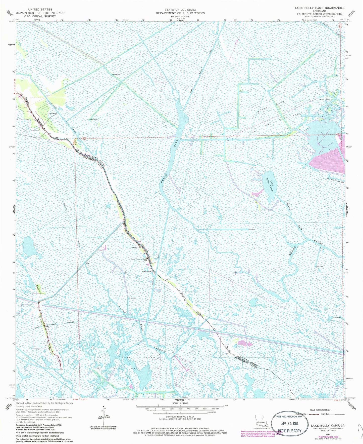 Classic USGS Lake Bully Camp Louisiana 7.5'x7.5' Topo Map Image