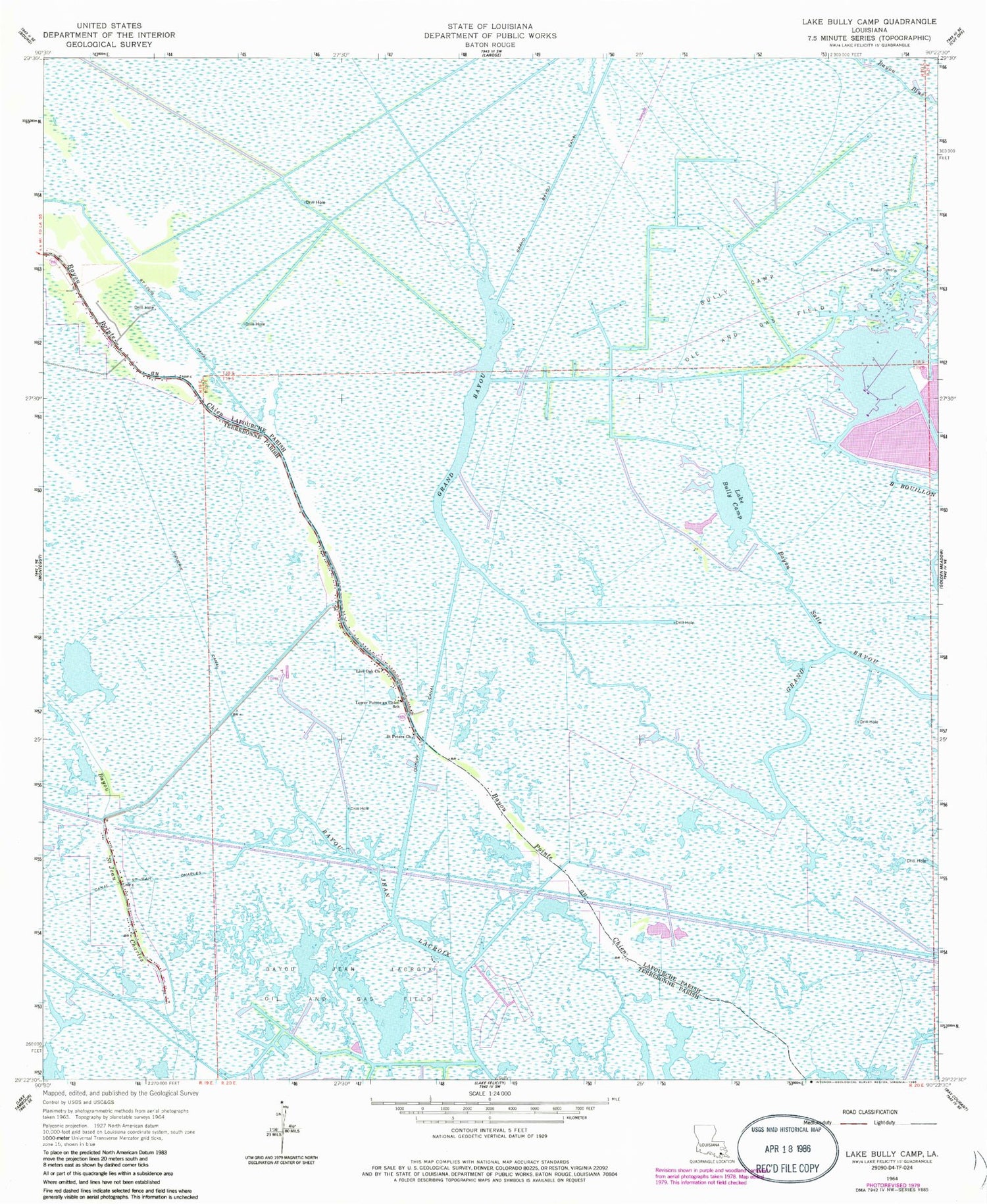 Classic USGS Lake Bully Camp Louisiana 7.5'x7.5' Topo Map Image