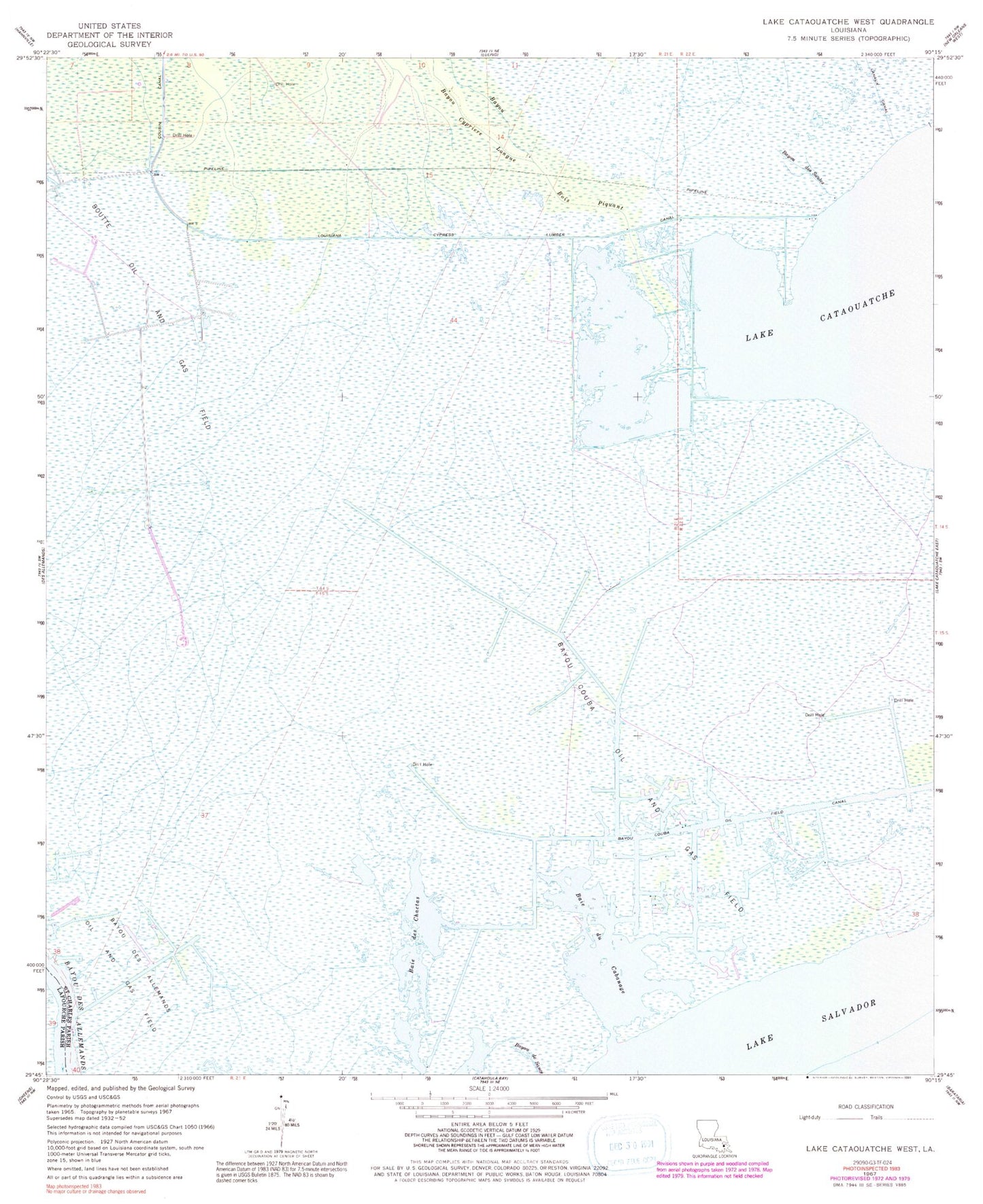 Classic USGS Lake Cataouatche West Louisiana 7.5'x7.5' Topo Map Image