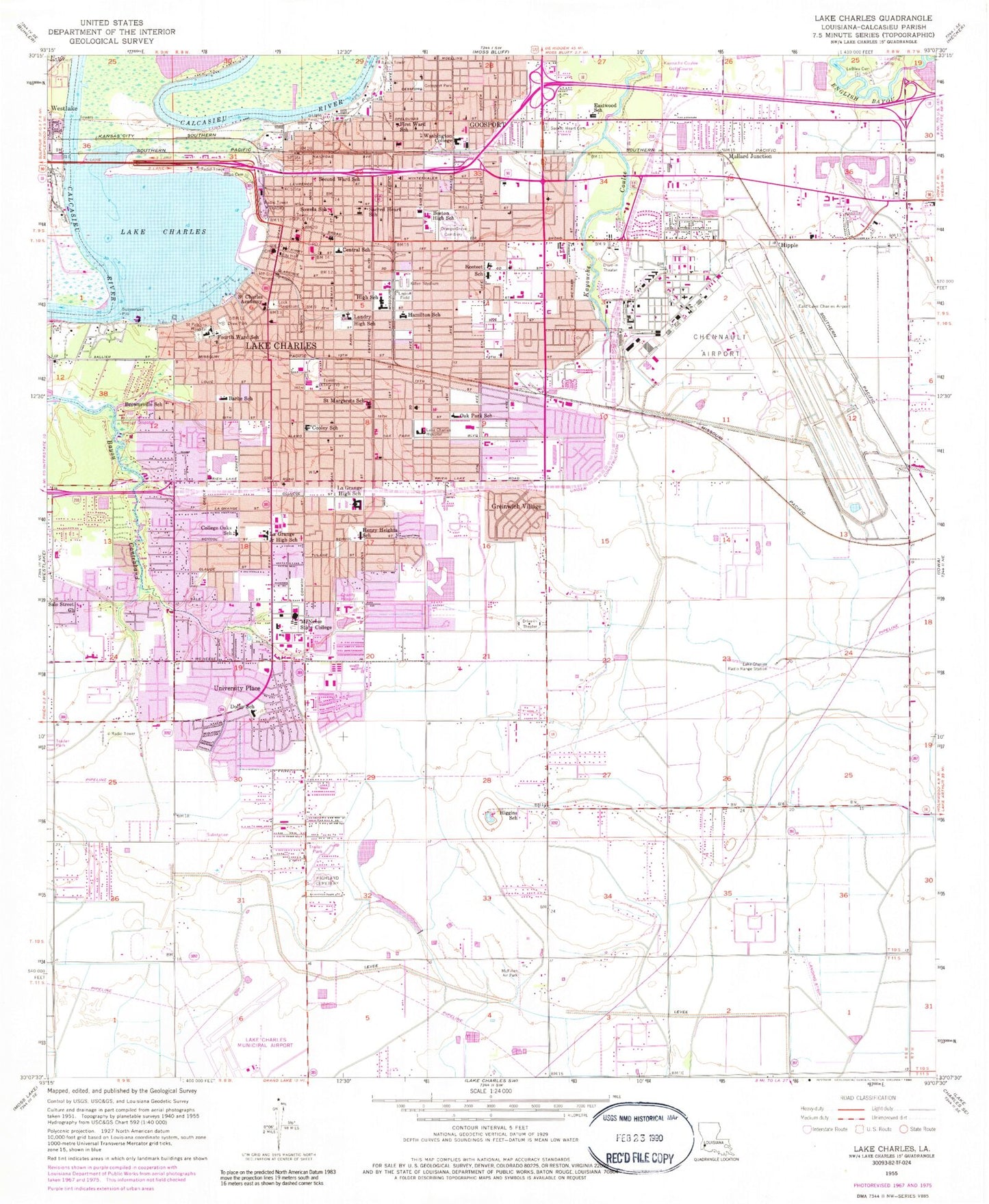 Classic USGS Lake Charles Louisiana 7.5'x7.5' Topo Map Image