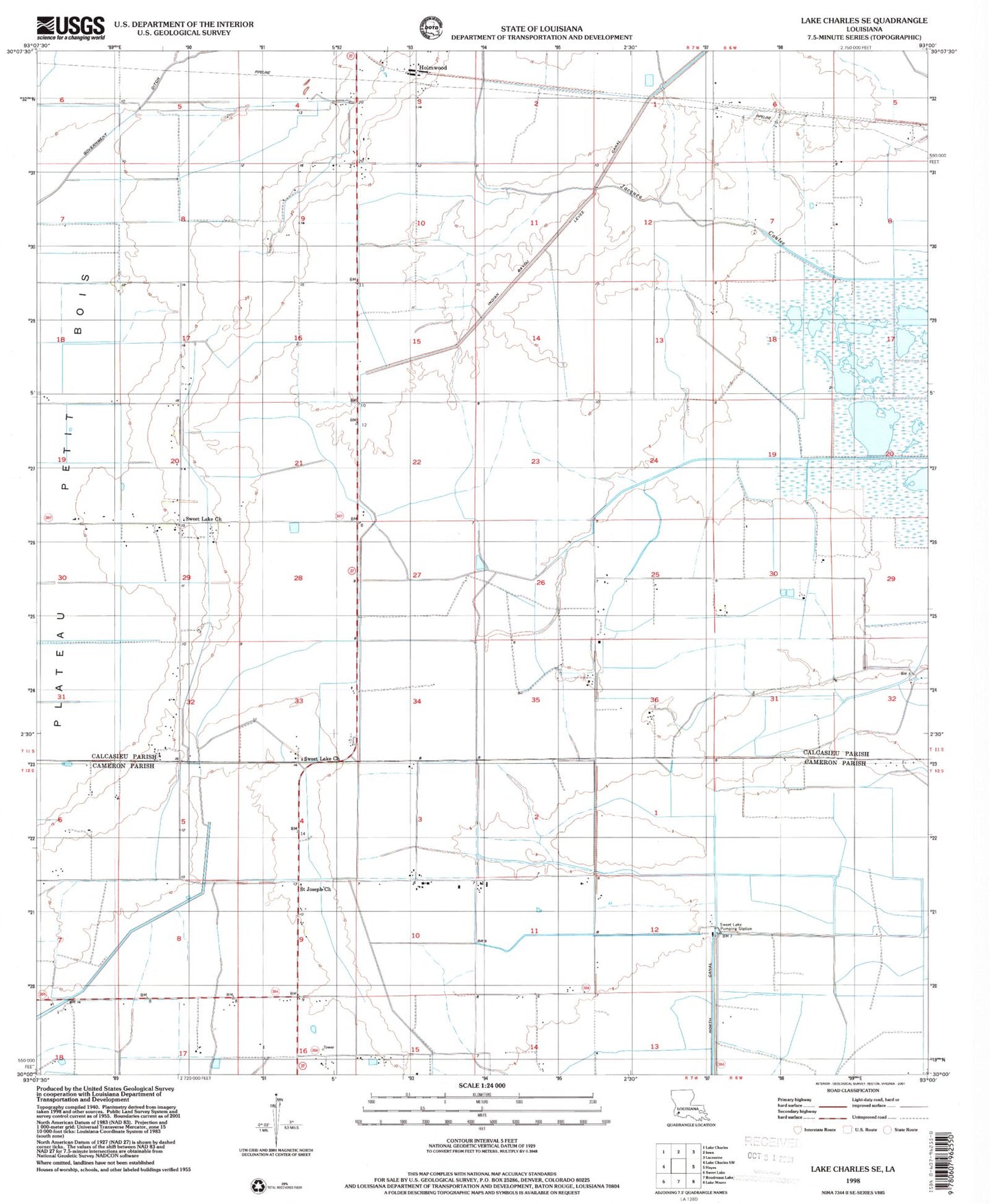 Classic USGS Lake Charles SE Louisiana 7.5'x7.5' Topo Map Image