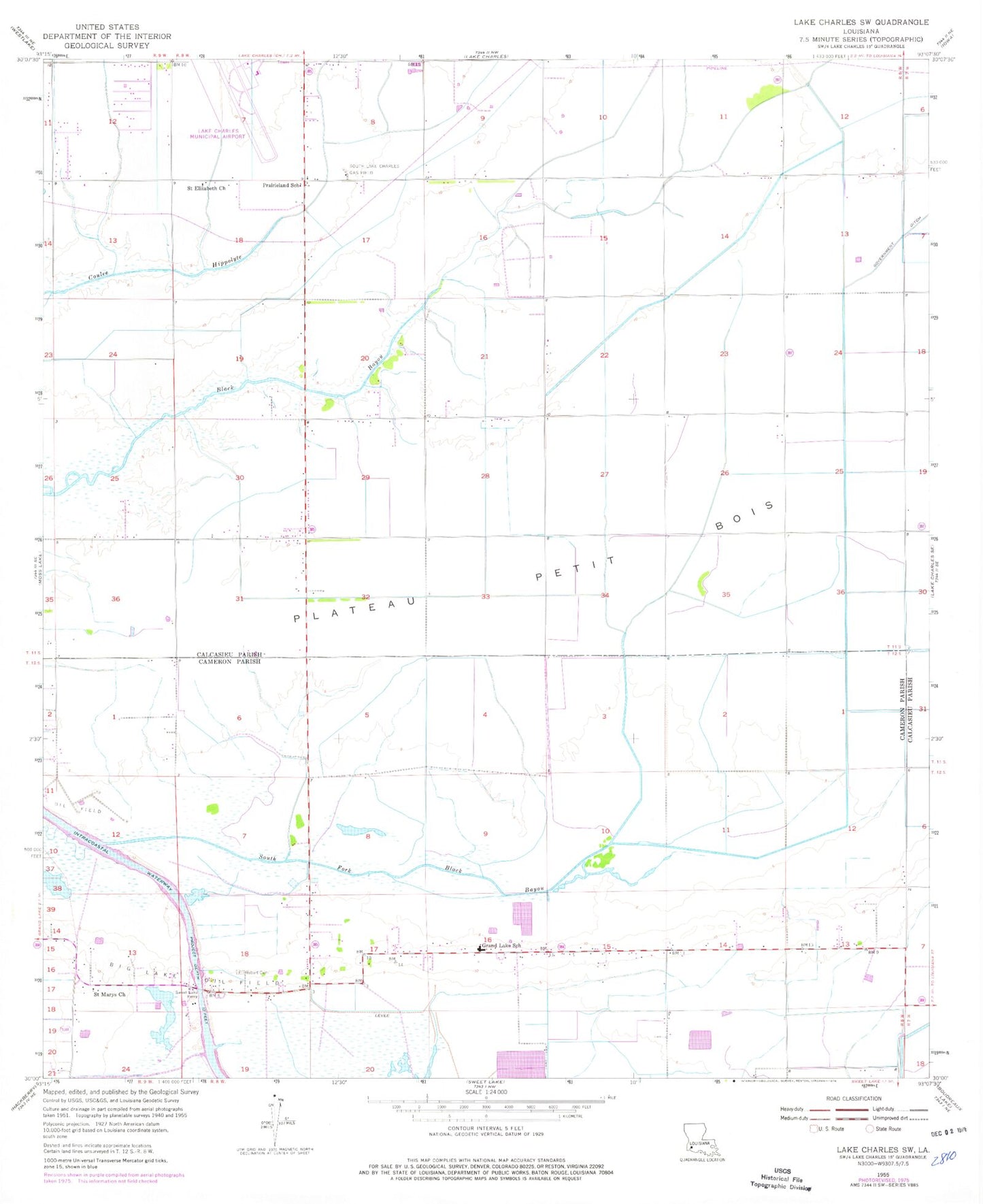 Classic USGS Lake Charles SW Louisiana 7.5'x7.5' Topo Map Image