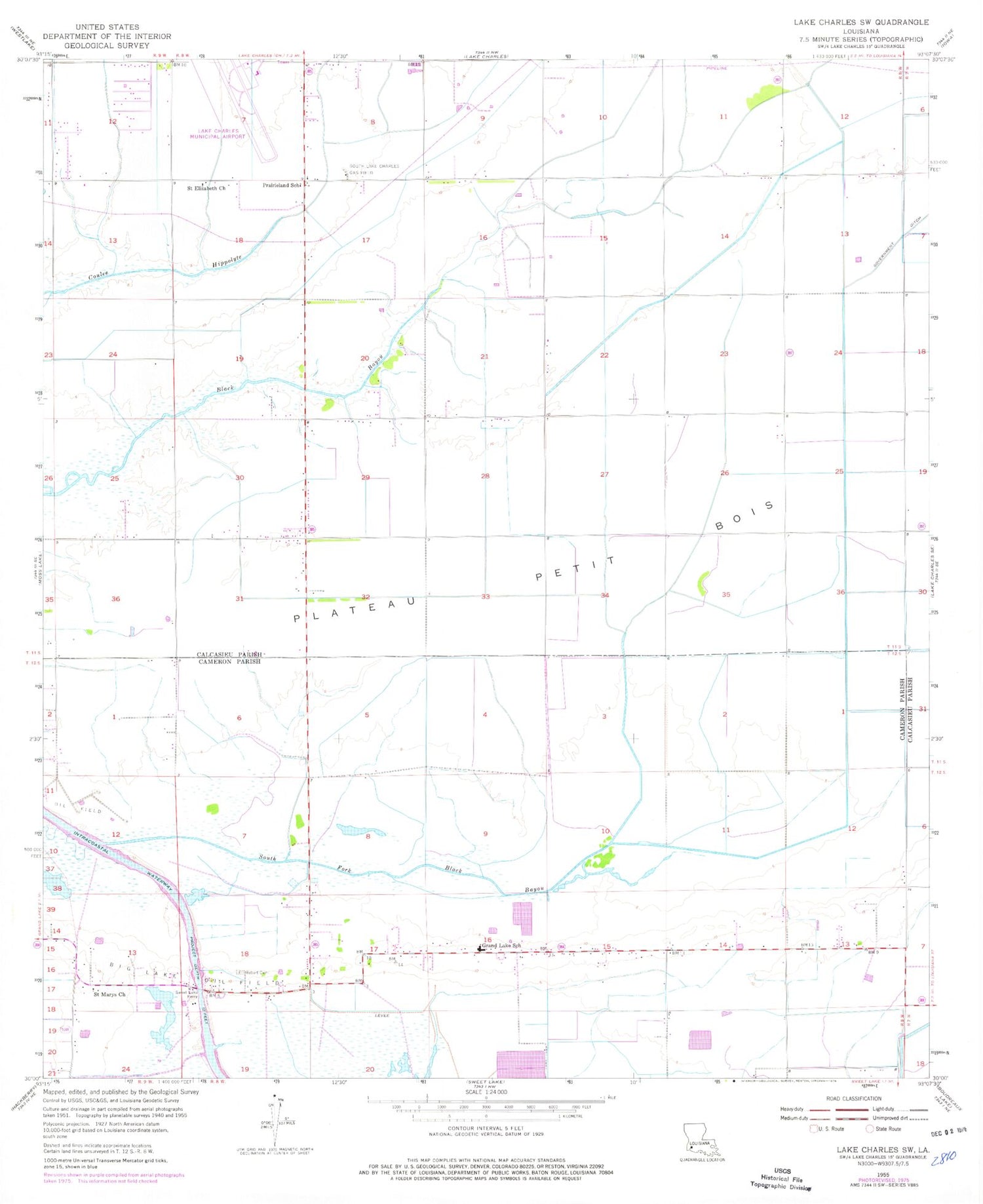 Classic USGS Lake Charles SW Louisiana 7.5'x7.5' Topo Map Image