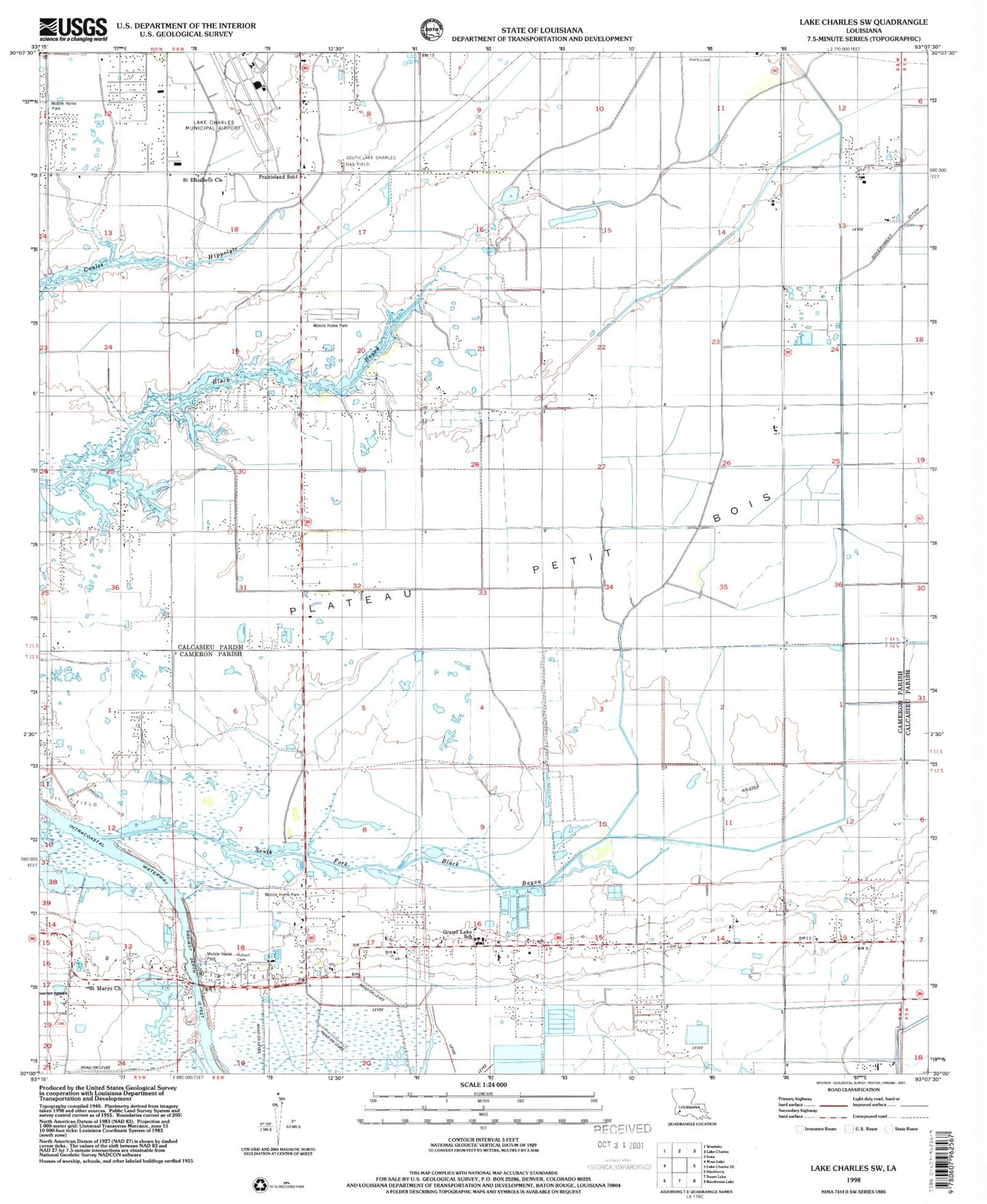 Classic USGS Lake Charles SW Louisiana 7.5'x7.5' Topo Map Image