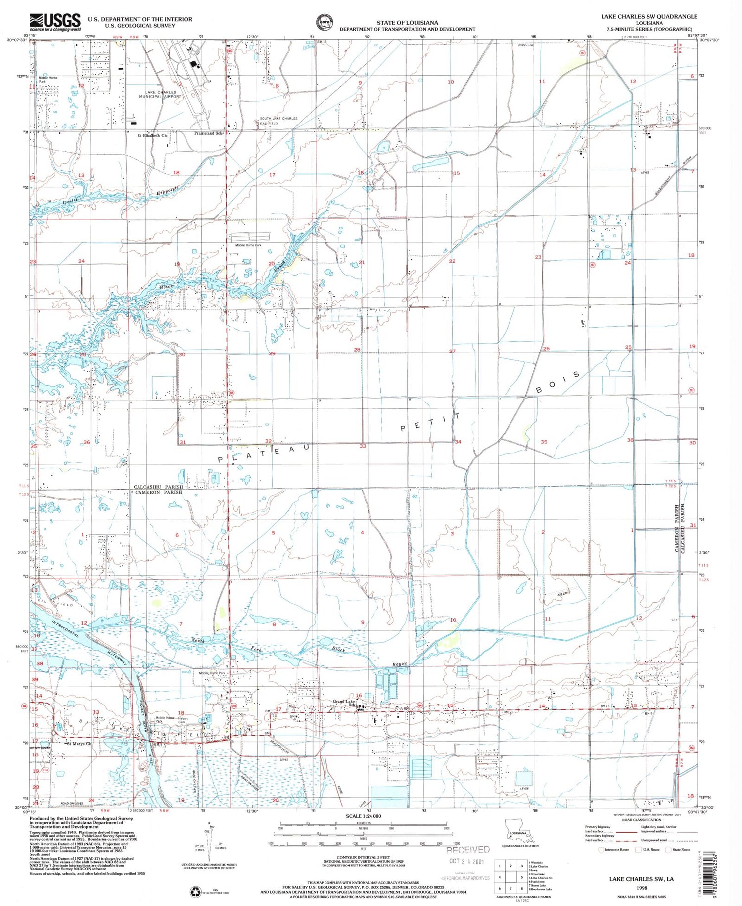 Classic USGS Lake Charles SW Louisiana 7.5'x7.5' Topo Map Image
