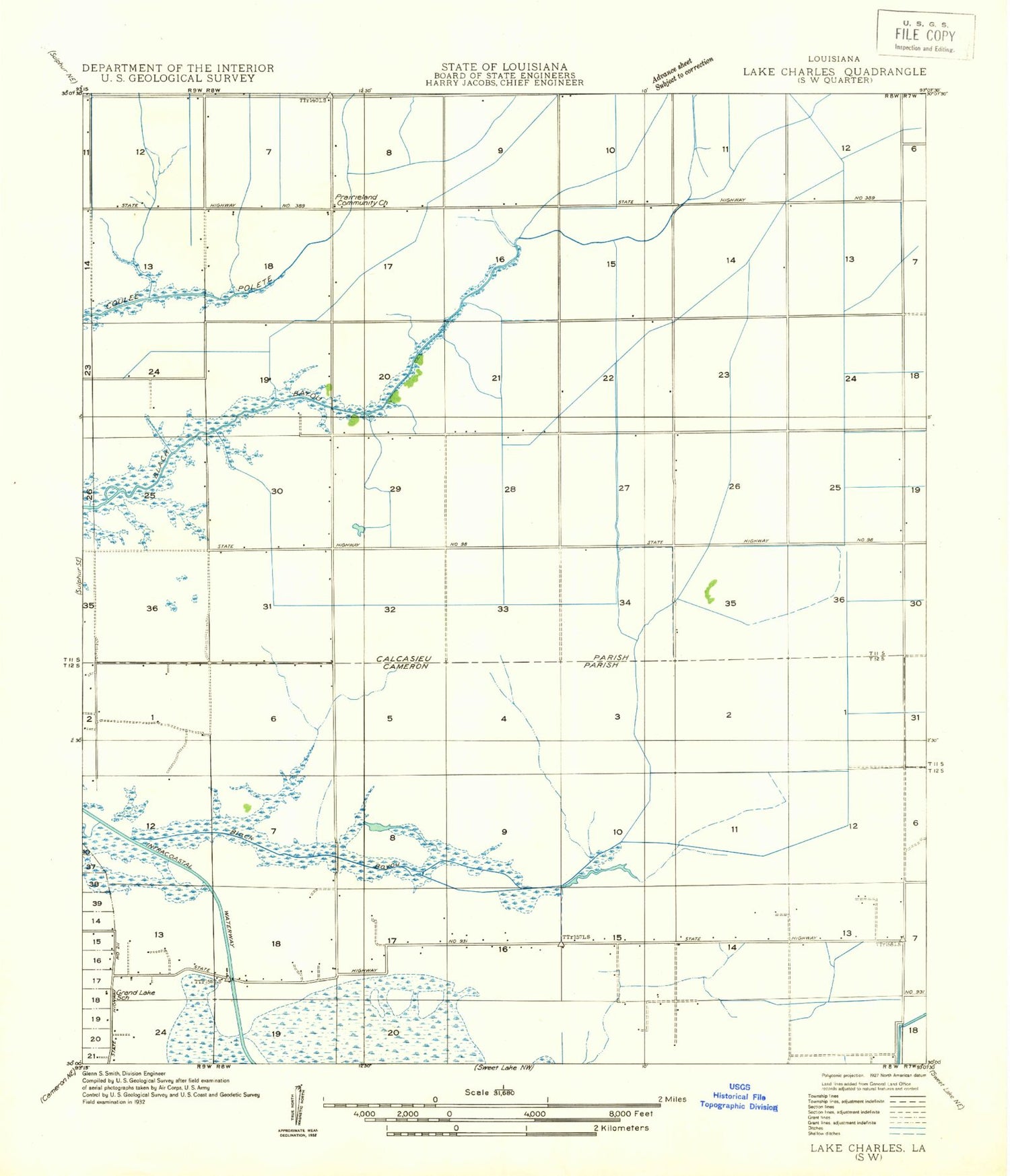 Classic USGS Lake Charles SW Louisiana 7.5'x7.5' Topo Map Image