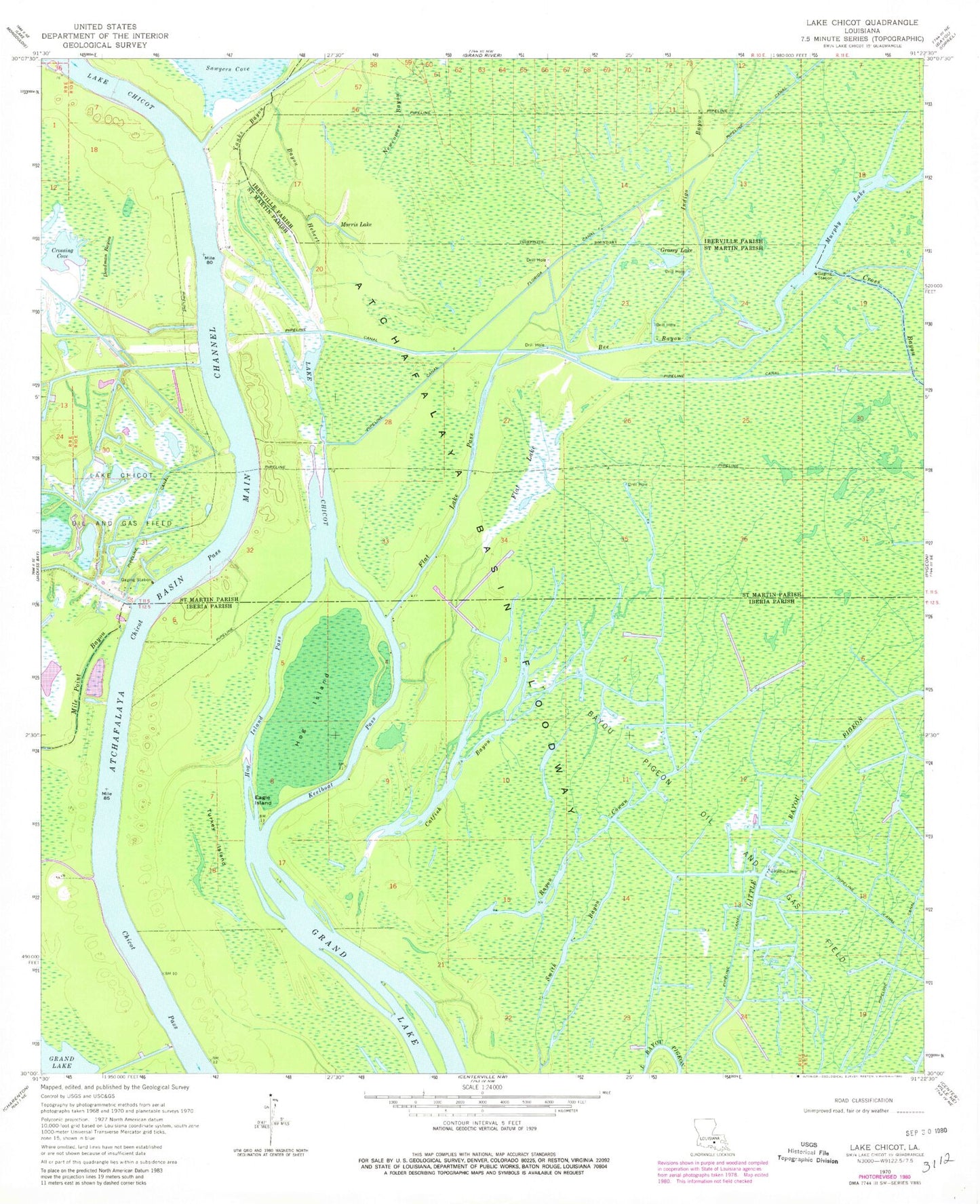 Classic USGS Lake Chicot Louisiana 7.5'x7.5' Topo Map Image