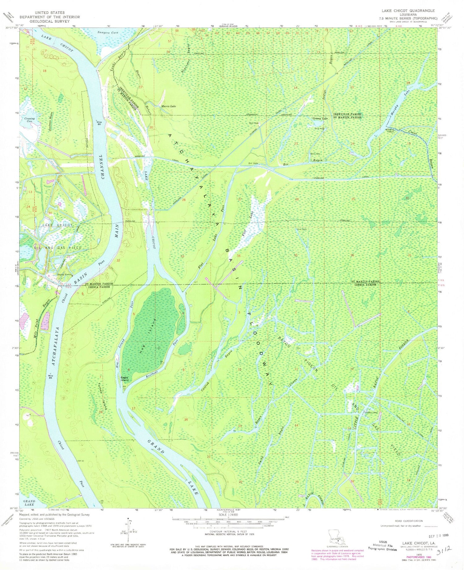 Classic USGS Lake Chicot Louisiana 7.5'x7.5' Topo Map Image