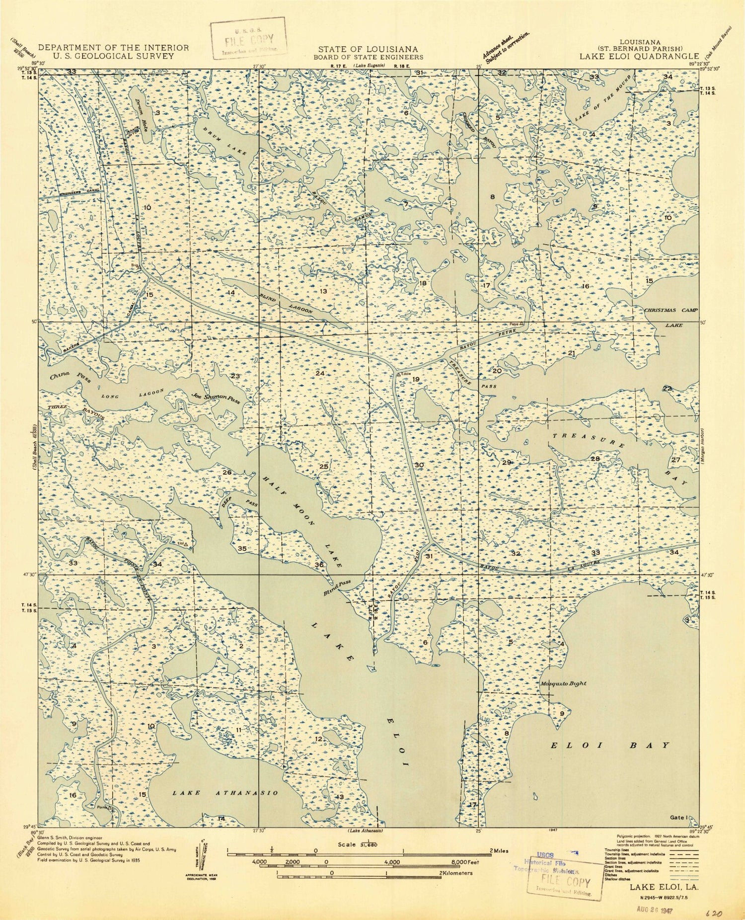 Classic USGS Lake Eloi Louisiana 7.5'x7.5' Topo Map Image