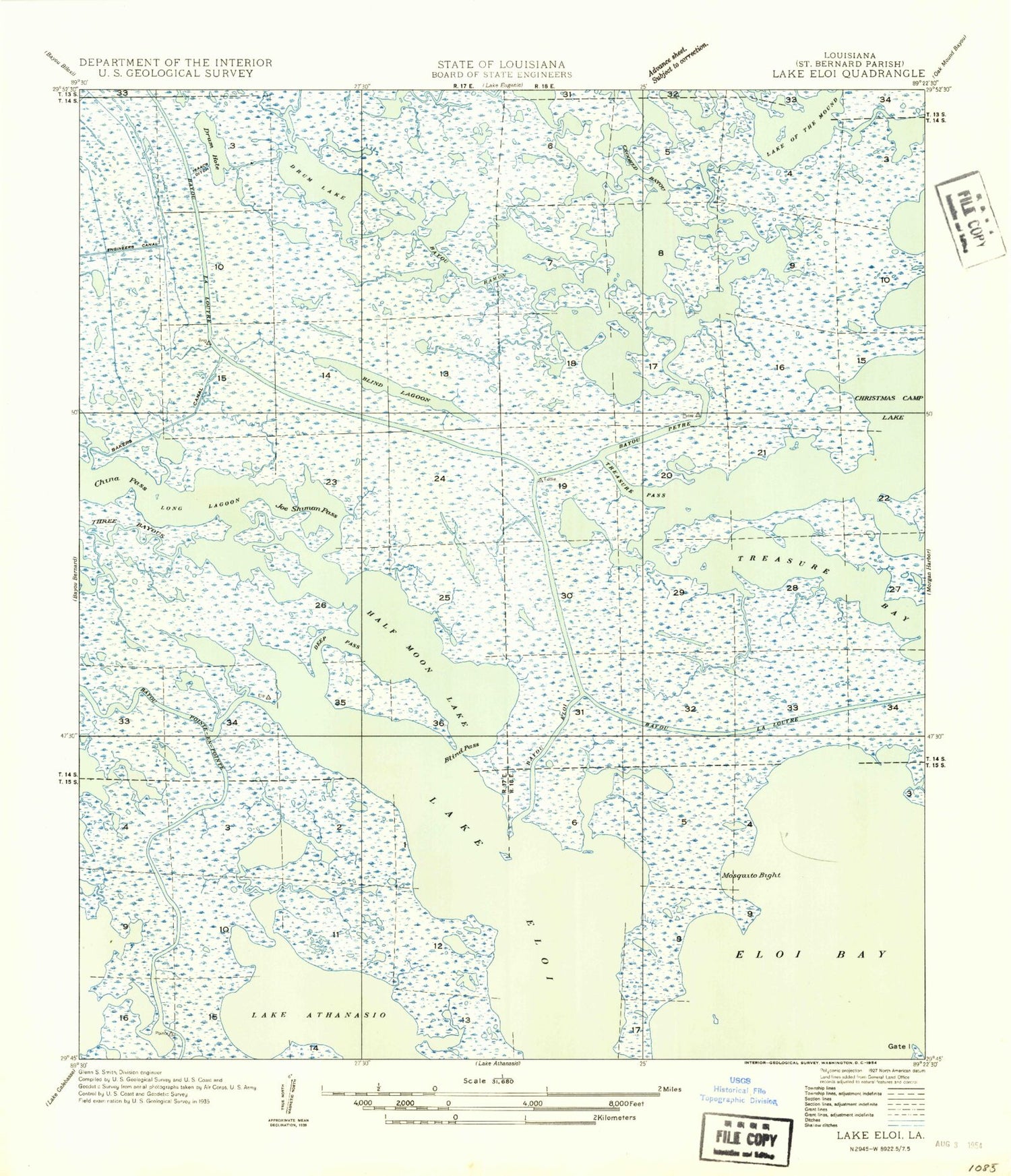 Classic USGS Lake Eloi Louisiana 7.5'x7.5' Topo Map Image