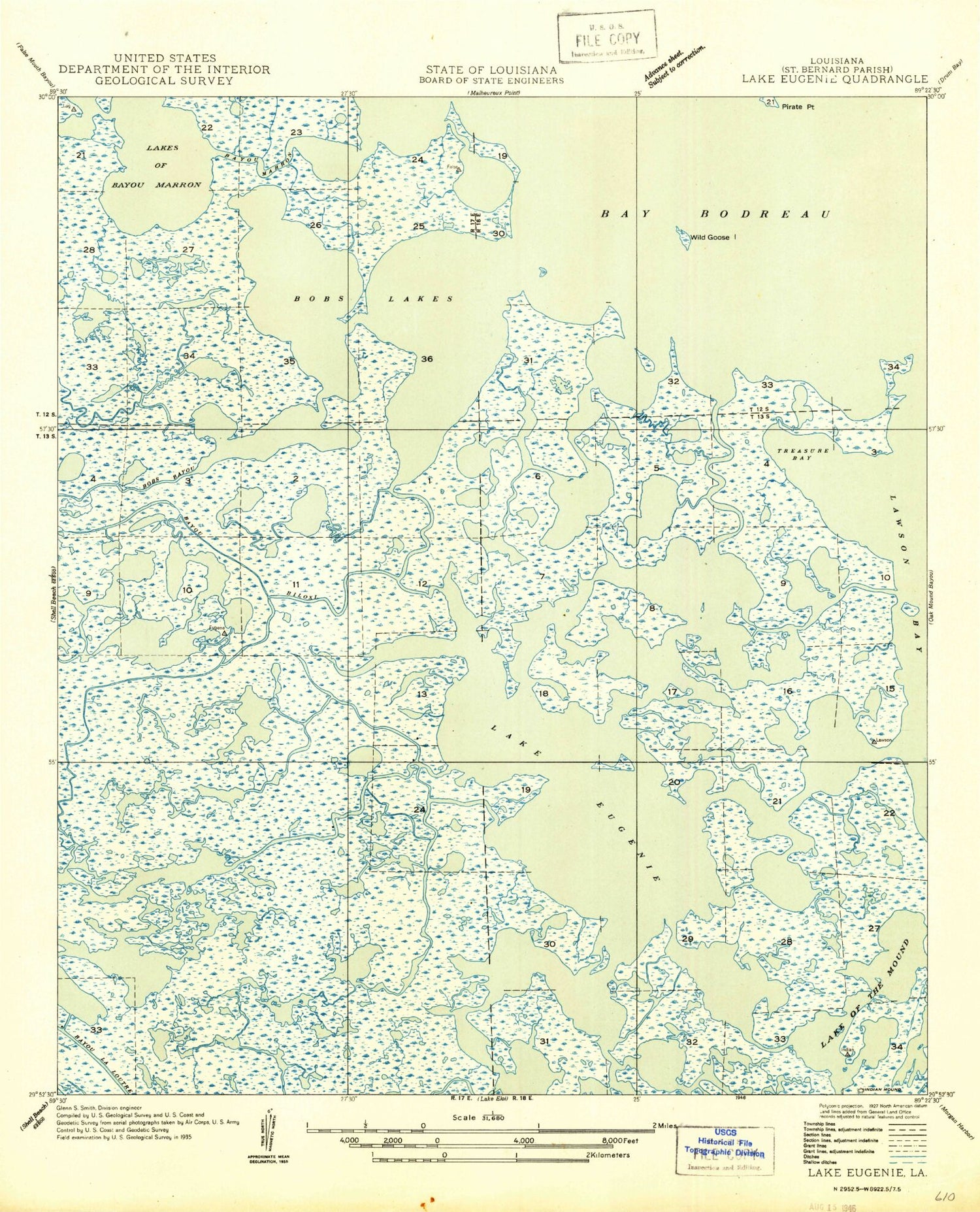 Classic USGS Lake Eugenie Louisiana 7.5'x7.5' Topo Map Image