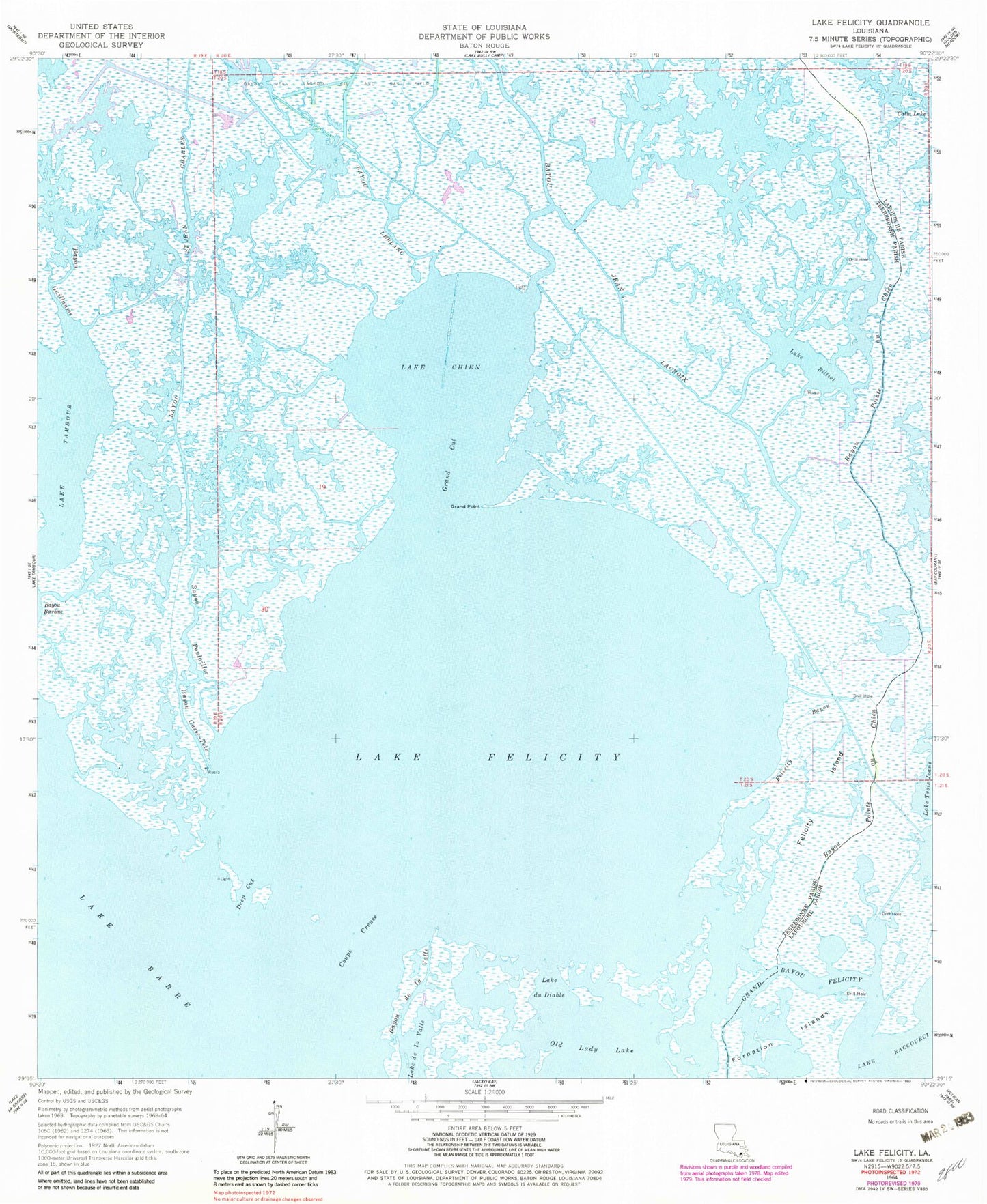 Classic USGS Lake Felicity Louisiana 7.5'x7.5' Topo Map Image