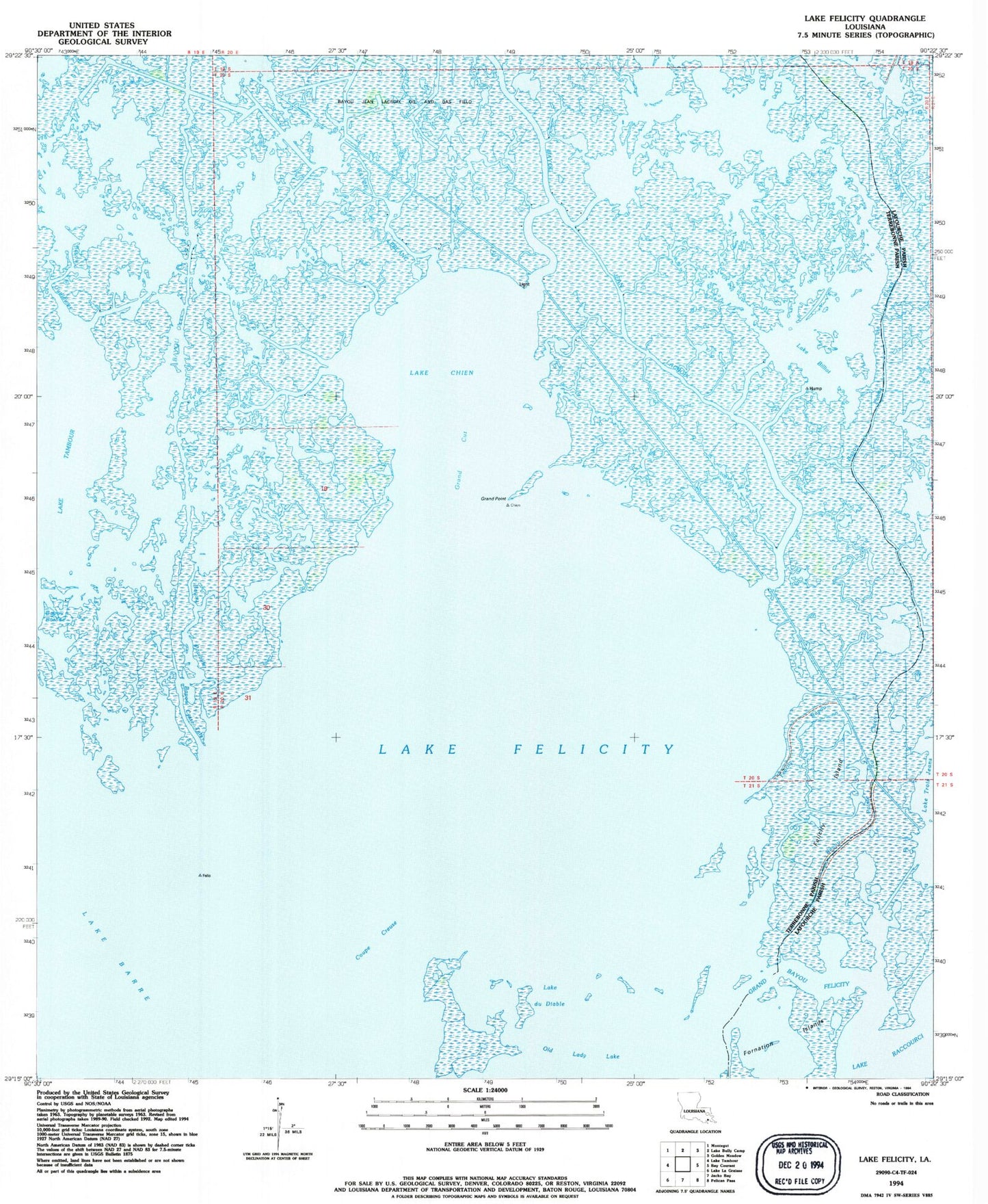 Classic USGS Lake Felicity Louisiana 7.5'x7.5' Topo Map Image