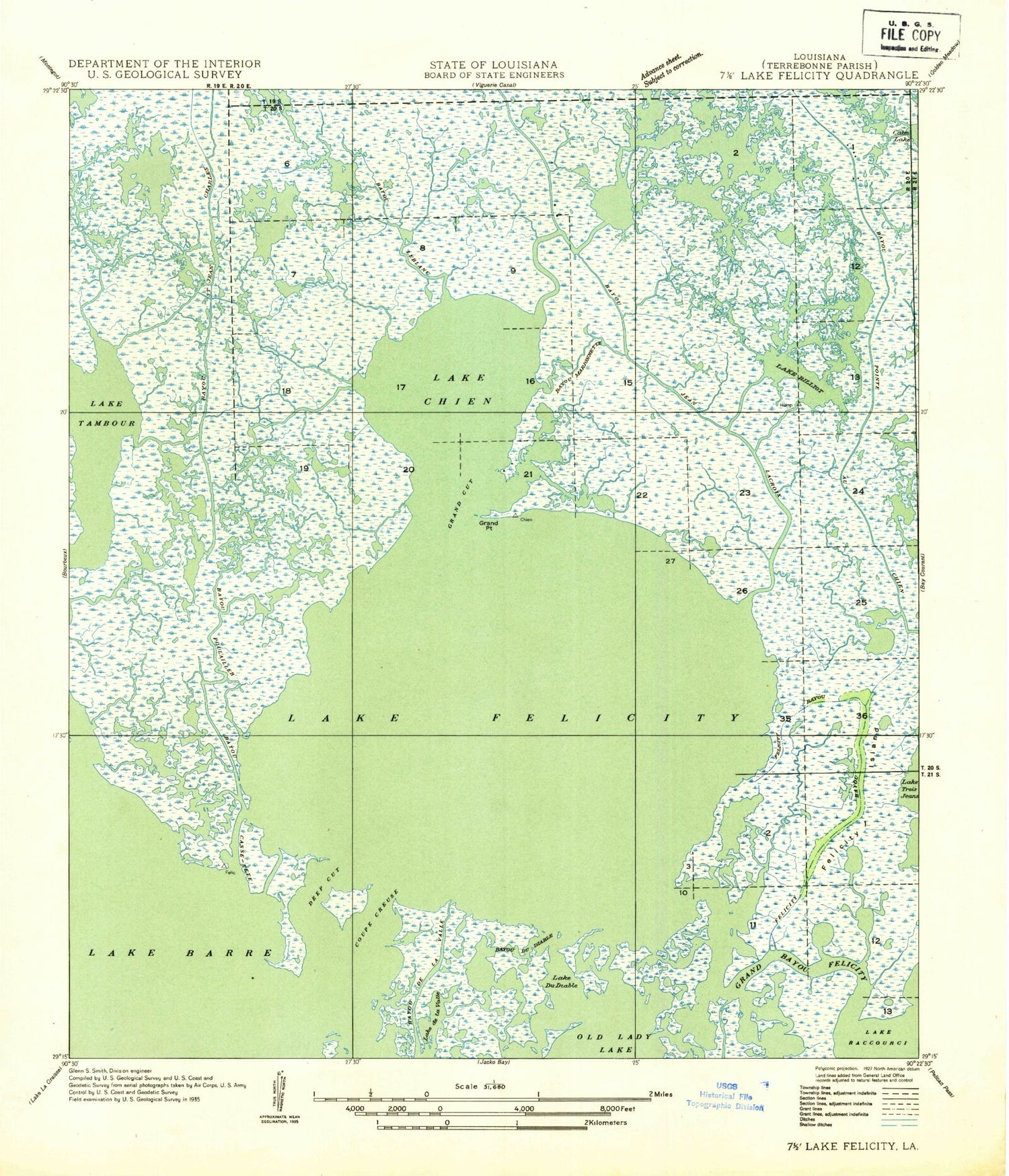 Classic USGS Lake Felicity Louisiana 7.5'x7.5' Topo Map Image