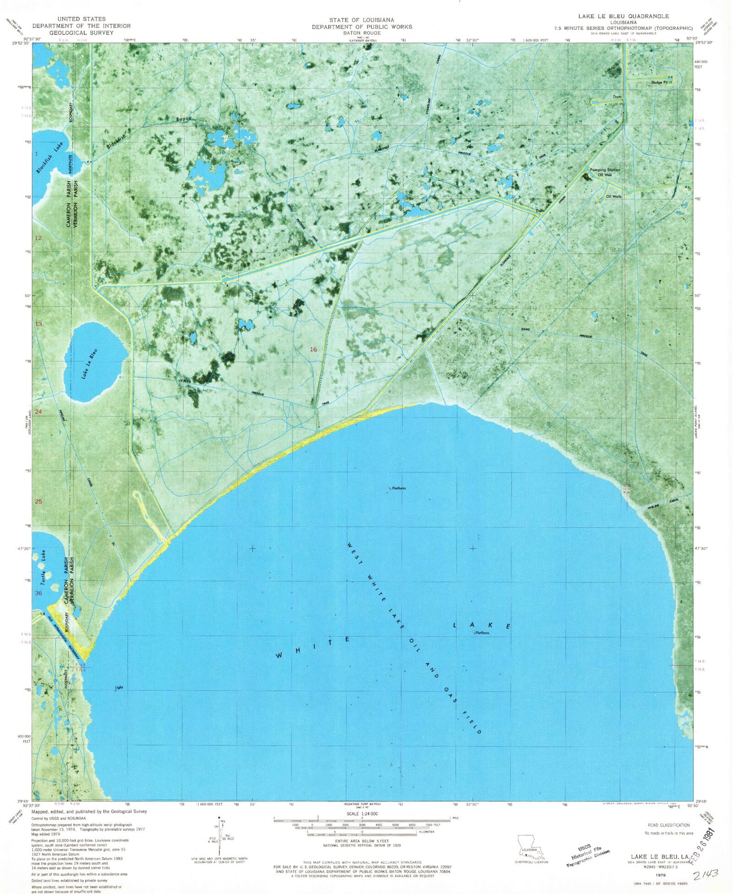 Classic USGS Lake Le Bleu Louisiana 7.5'x7.5' Topo Map Image
