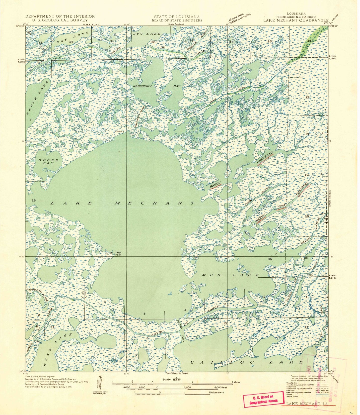 Classic USGS Lake Mechant Louisiana 7.5'x7.5' Topo Map Image
