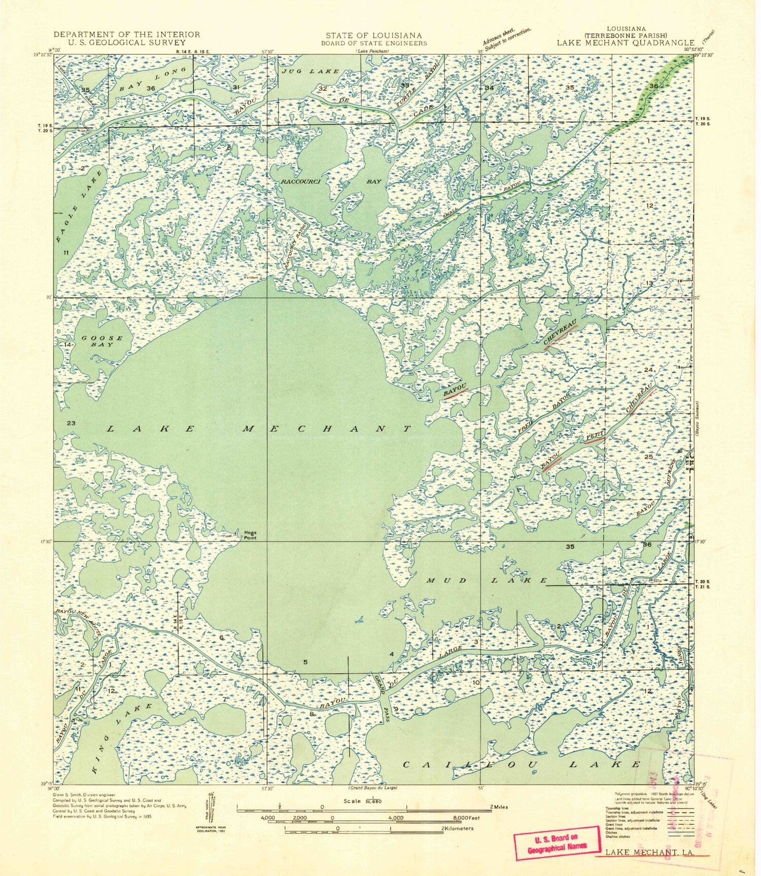 Classic USGS Lake Mechant Louisiana 7.5'x7.5' Topo Map Image