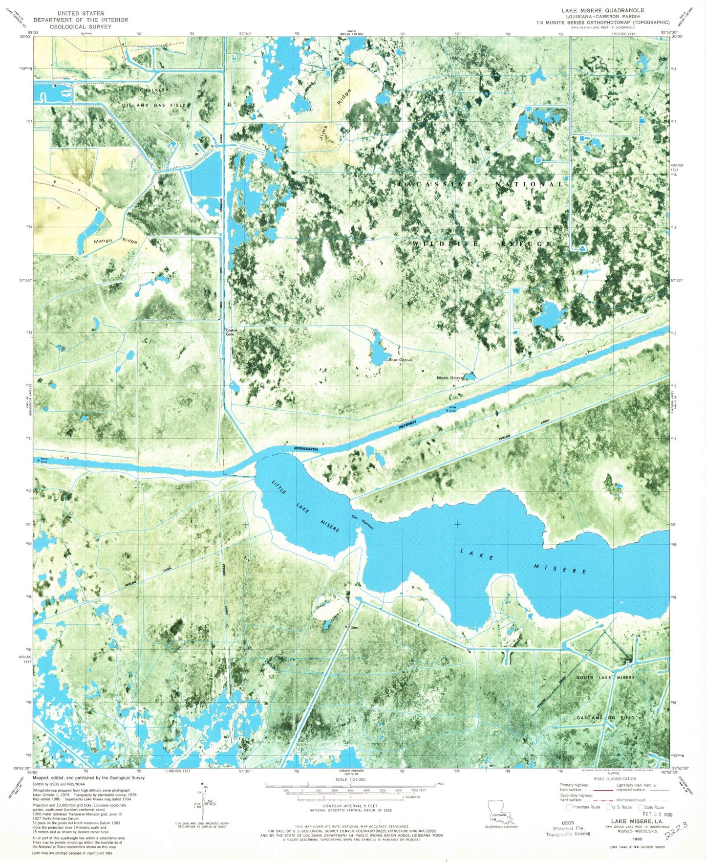 Classic USGS Lake Misere Louisiana 7.5'x7.5' Topo Map Image