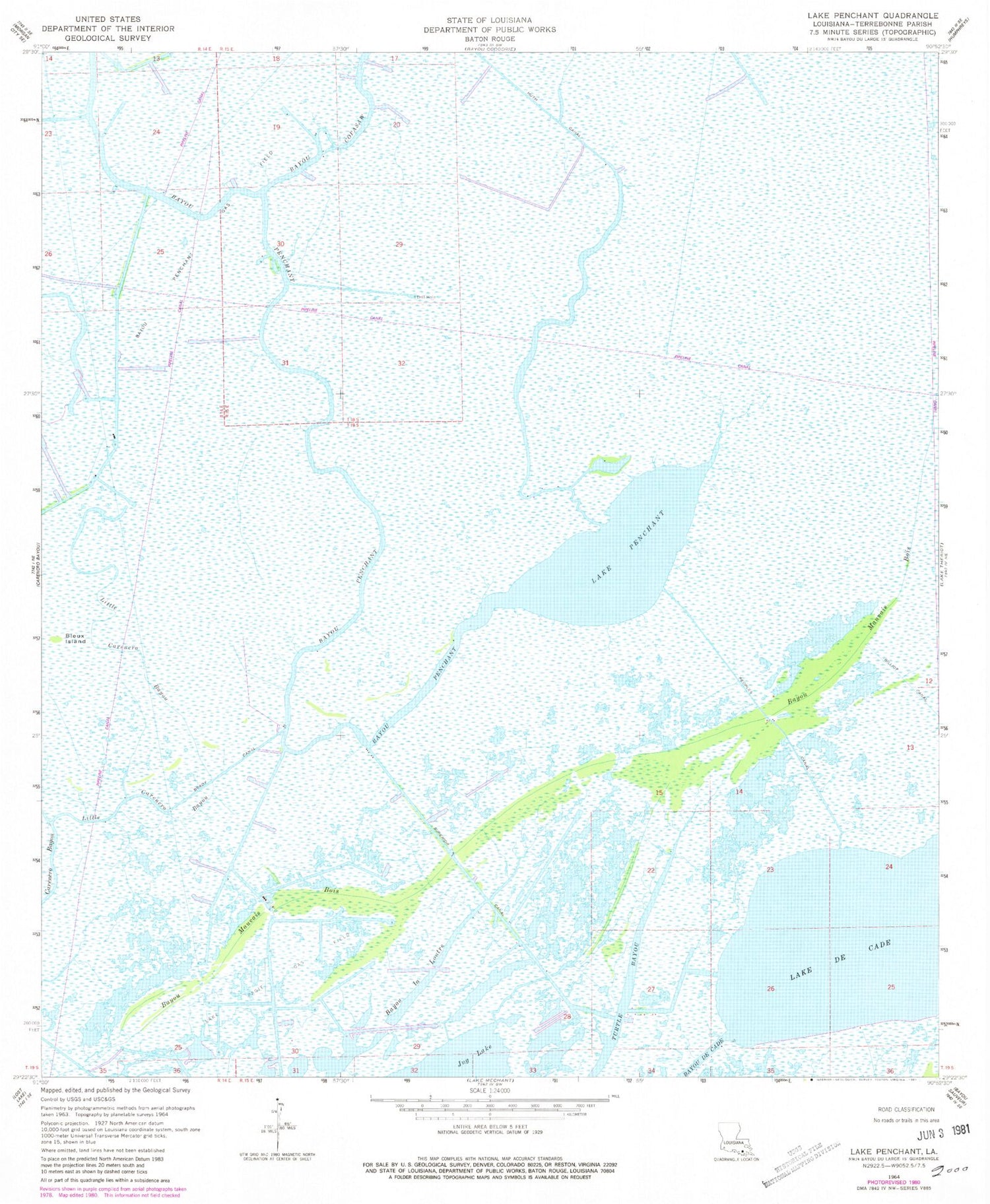 Classic USGS Lake Penchant Louisiana 7.5'x7.5' Topo Map Image