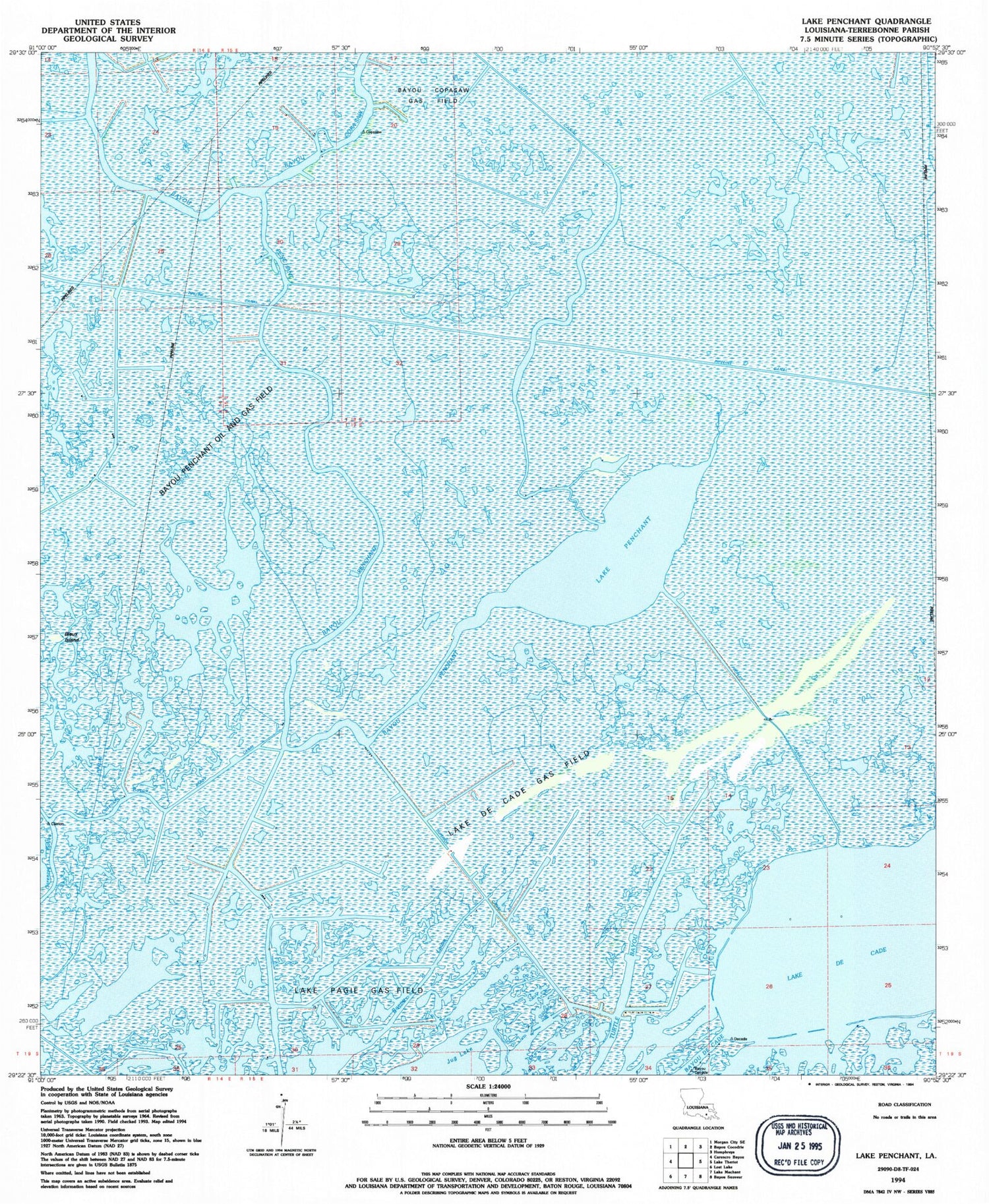 Classic USGS Lake Penchant Louisiana 7.5'x7.5' Topo Map Image