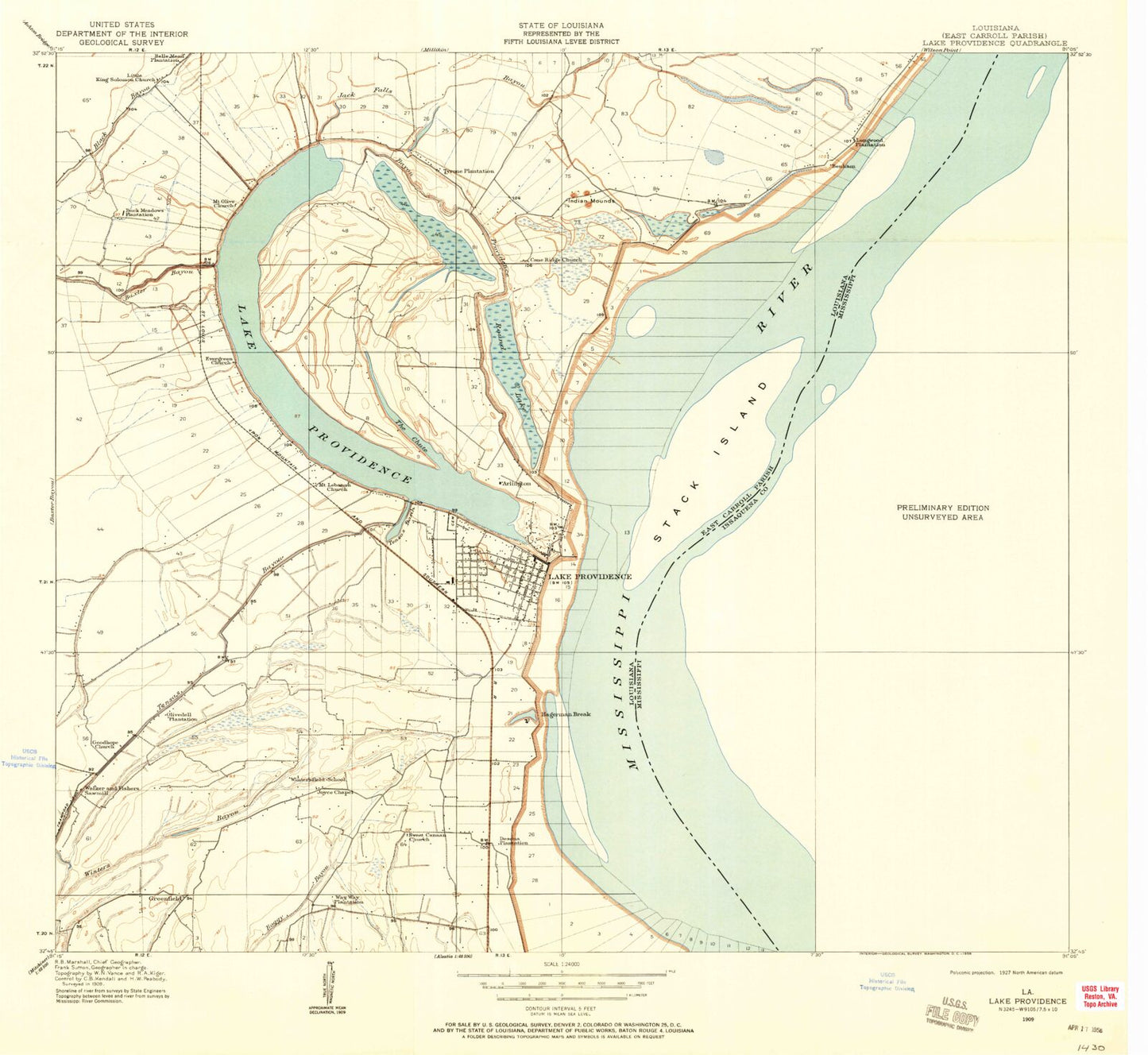 Classic USGS Lake Providence Louisiana 7.5'x7.5' Topo Map Image