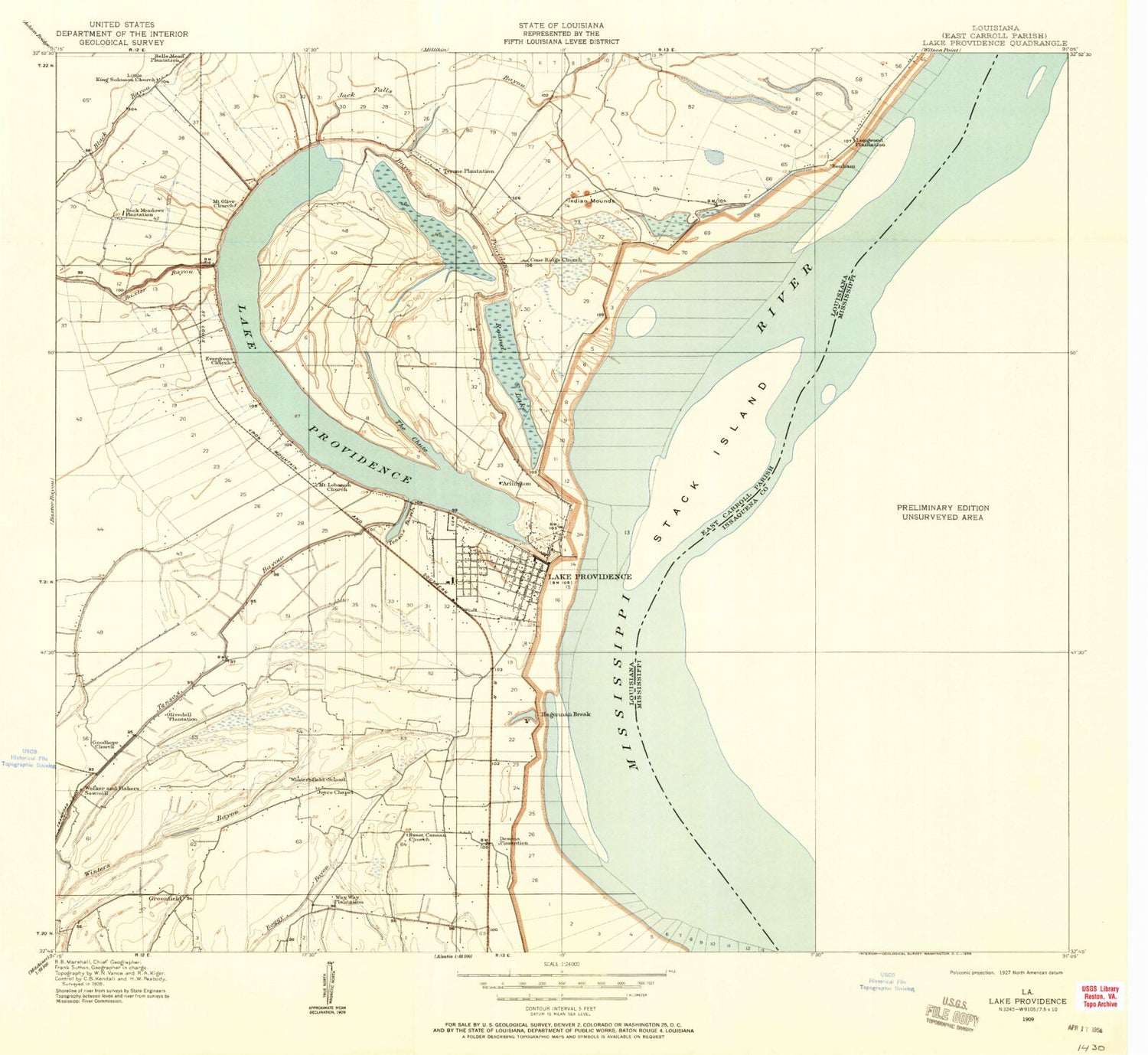 Classic USGS Lake Providence Louisiana 7.5'x7.5' Topo Map Image