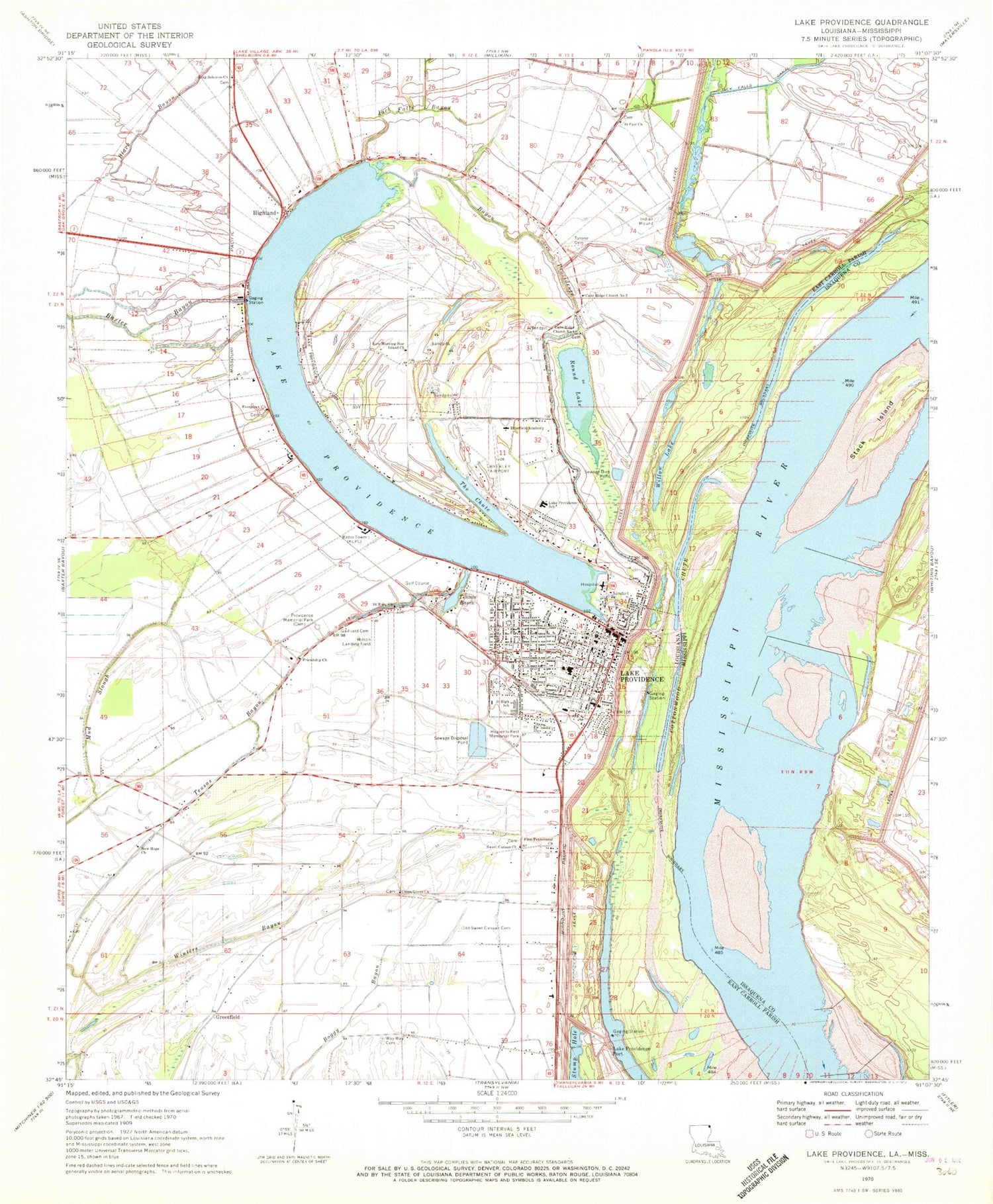 Classic USGS Lake Providence Louisiana 7.5'x7.5' Topo Map Image