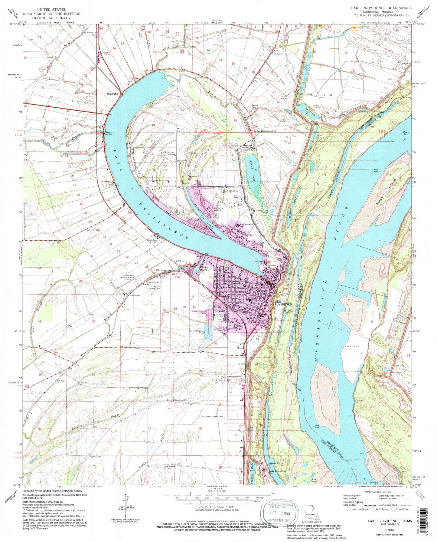 Classic USGS Lake Providence Louisiana 7.5'x7.5' Topo Map Image