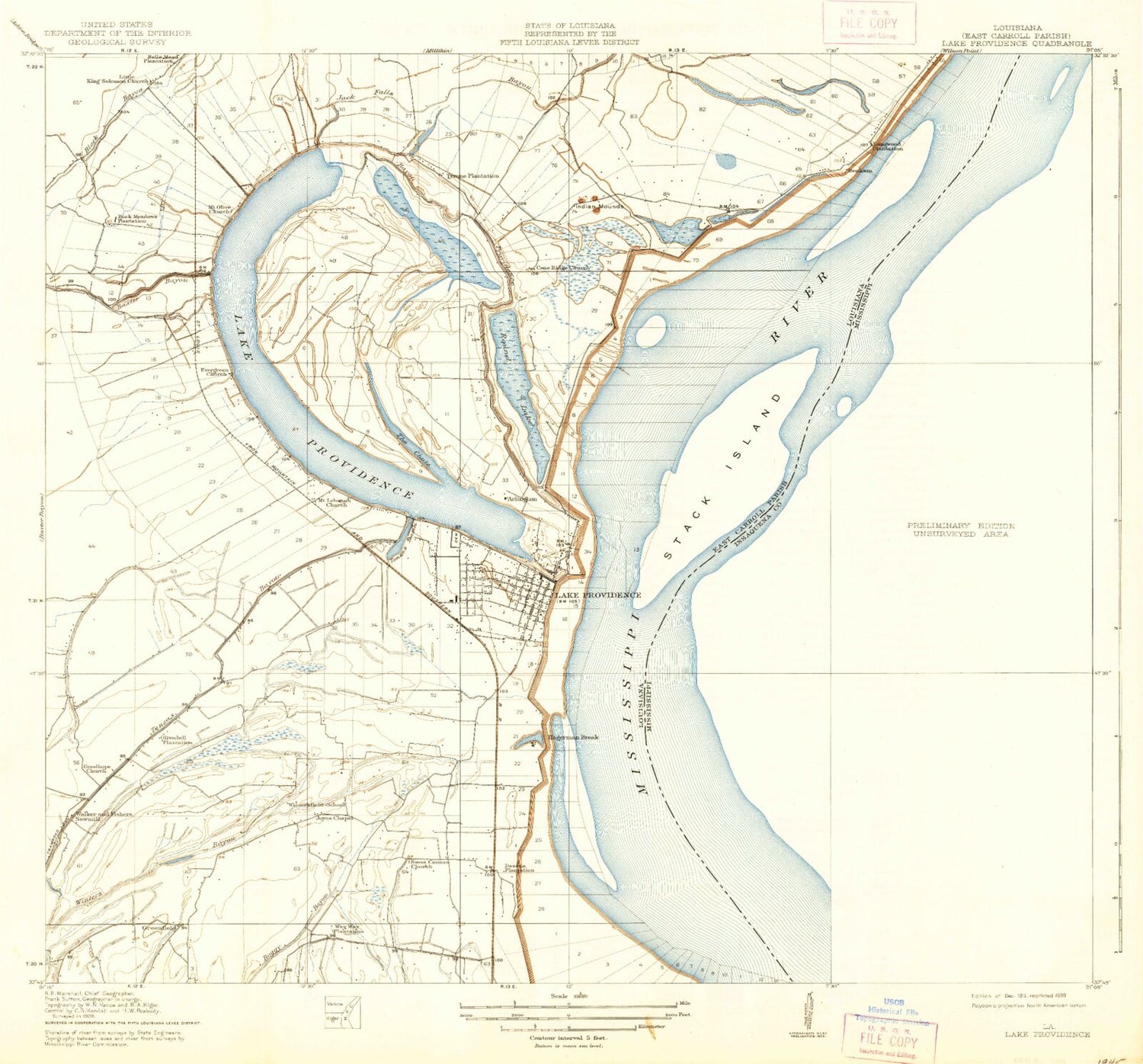 Classic USGS Lake Providence Louisiana 7.5'x7.5' Topo Map Image