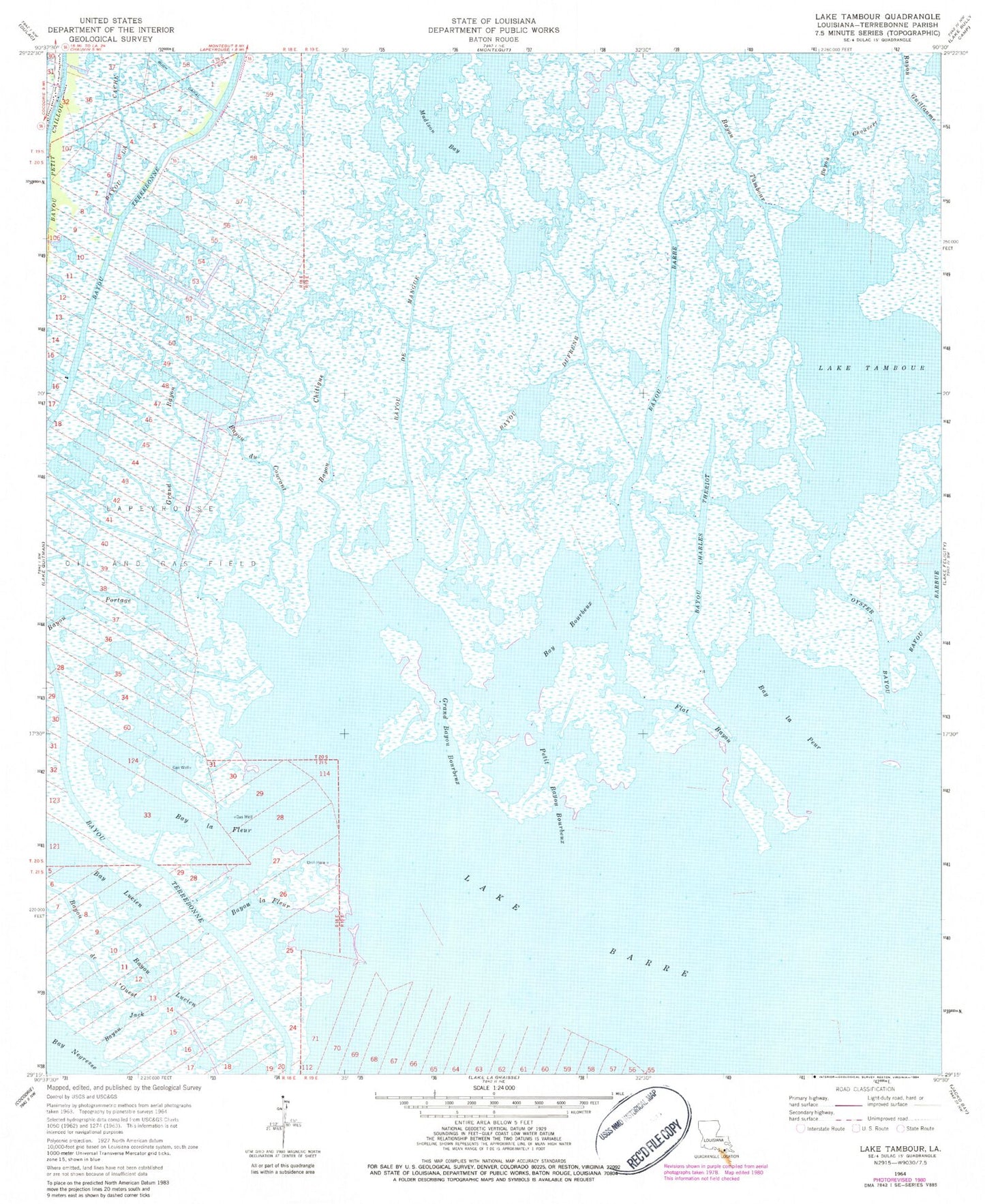 Classic USGS Lake Tambour Louisiana 7.5'x7.5' Topo Map Image