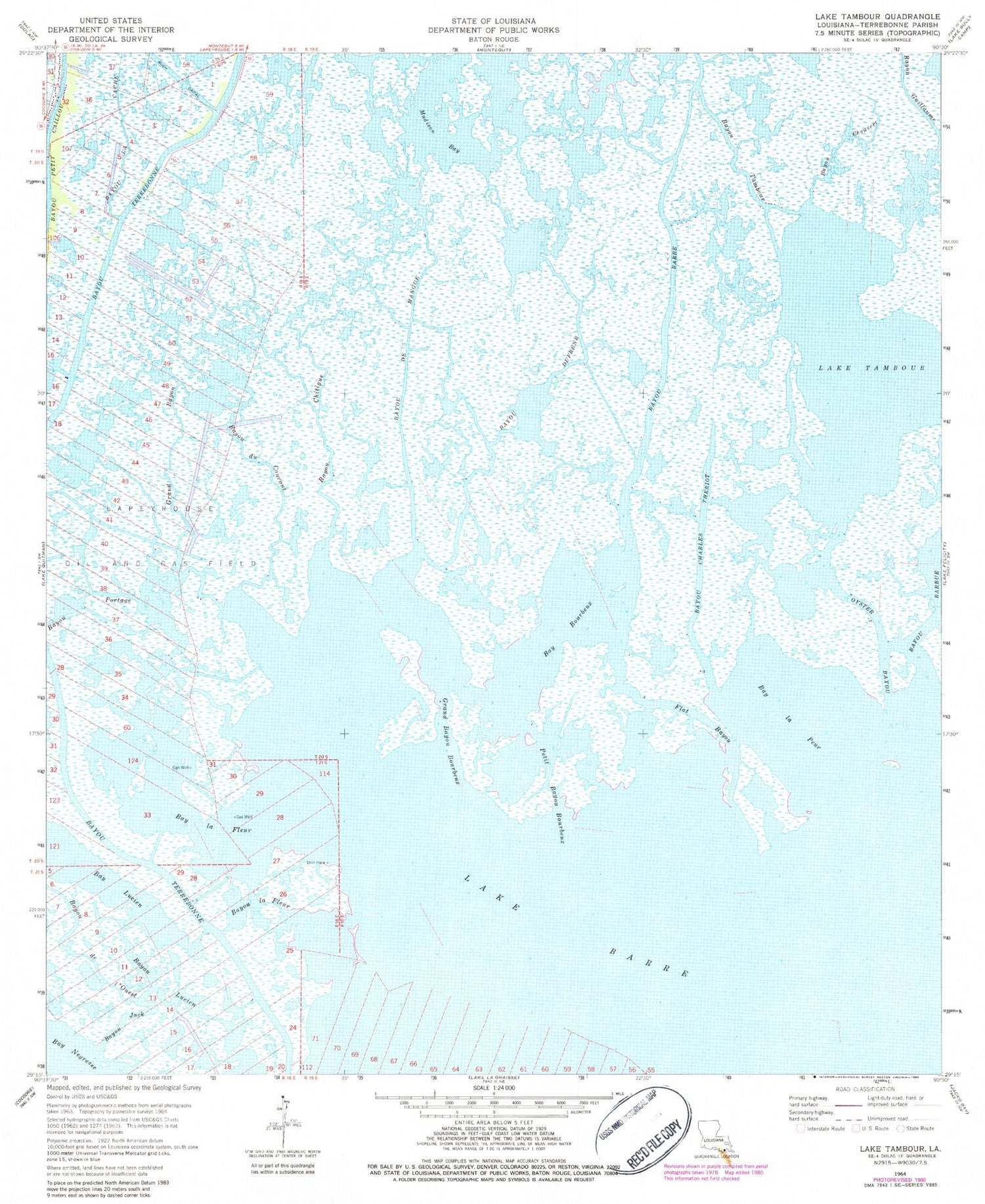 Classic USGS Lake Tambour Louisiana 7.5'x7.5' Topo Map Image