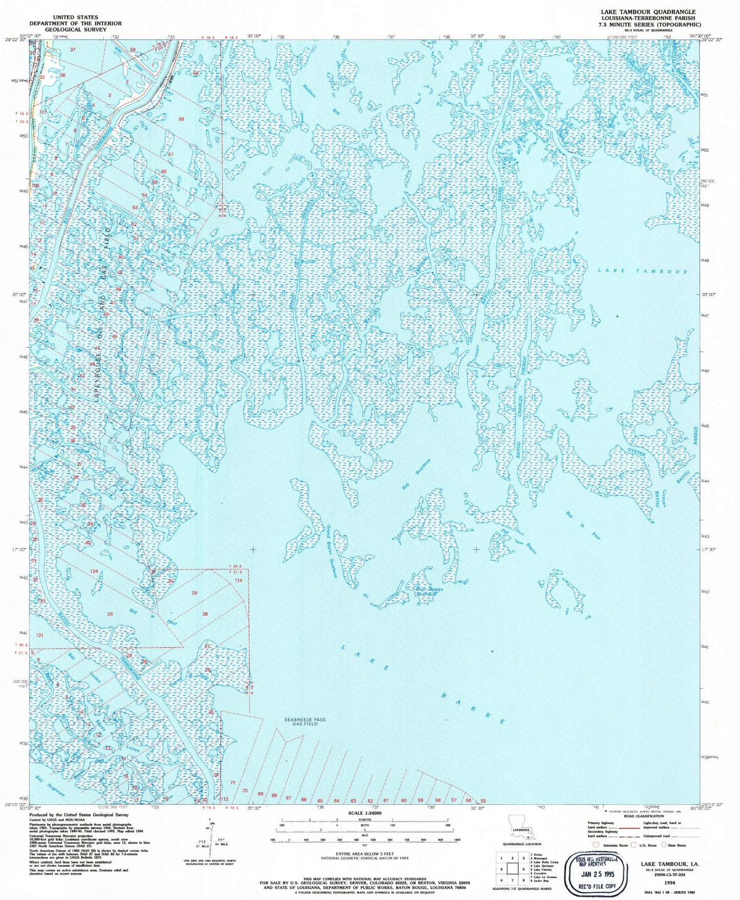 Classic USGS Lake Tambour Louisiana 7.5'x7.5' Topo Map Image