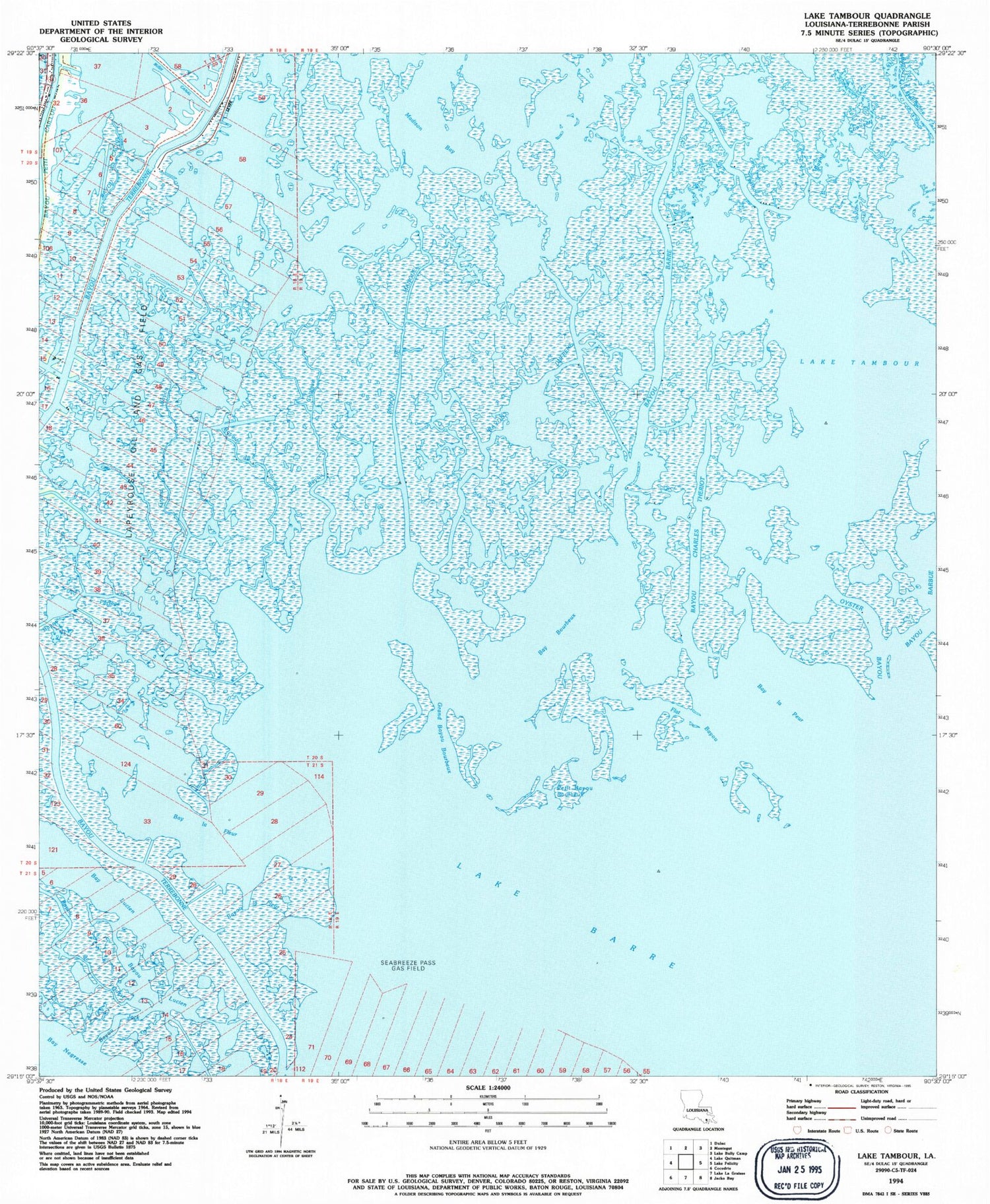 Classic USGS Lake Tambour Louisiana 7.5'x7.5' Topo Map Image