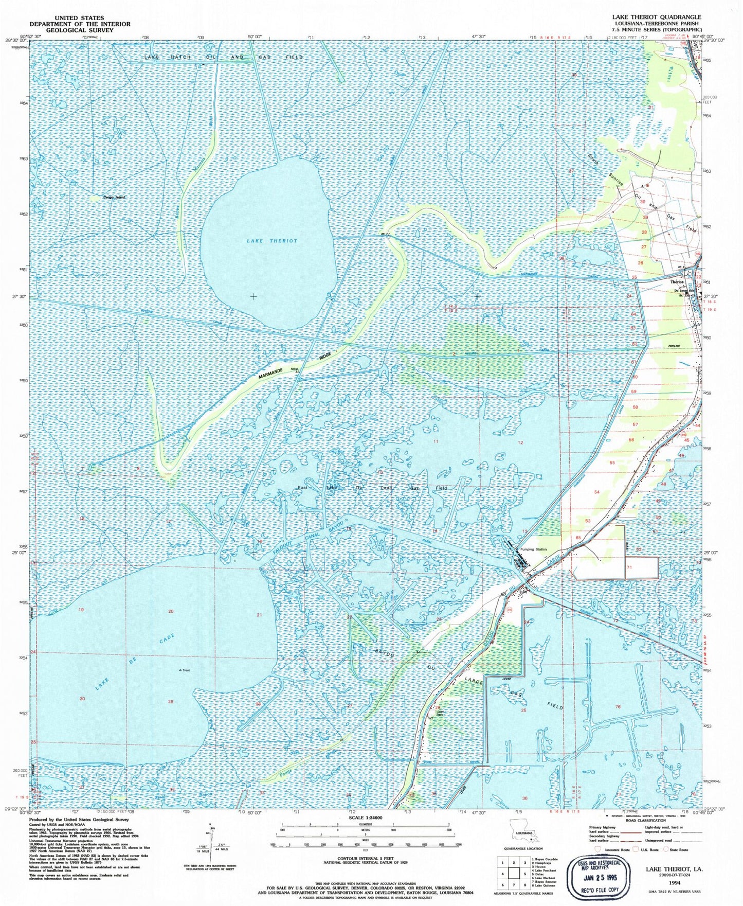 Classic USGS Lake Theriot Louisiana 7.5'x7.5' Topo Map Image