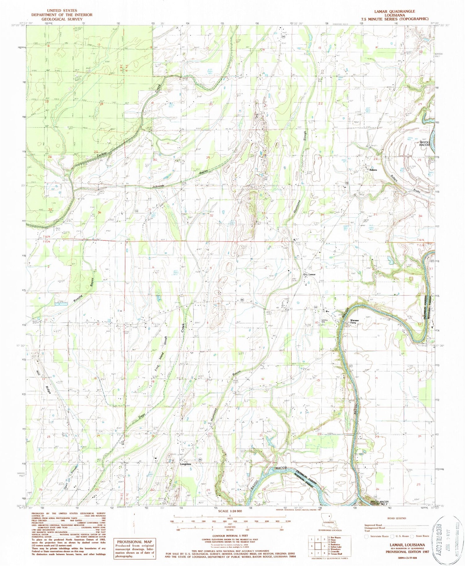 Classic USGS Lamar Louisiana 7.5'x7.5' Topo Map Image