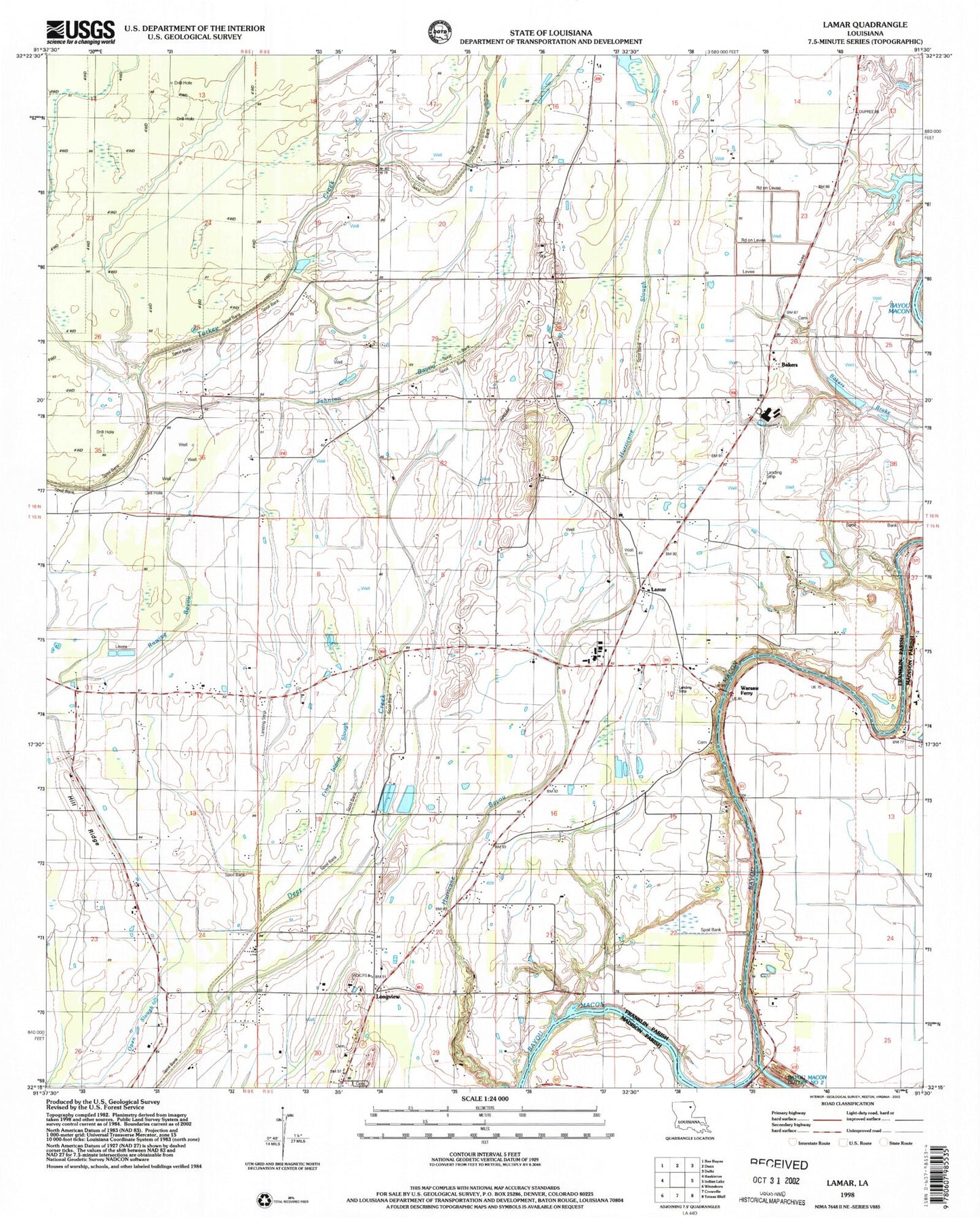Classic USGS Lamar Louisiana 7.5'x7.5' Topo Map Image