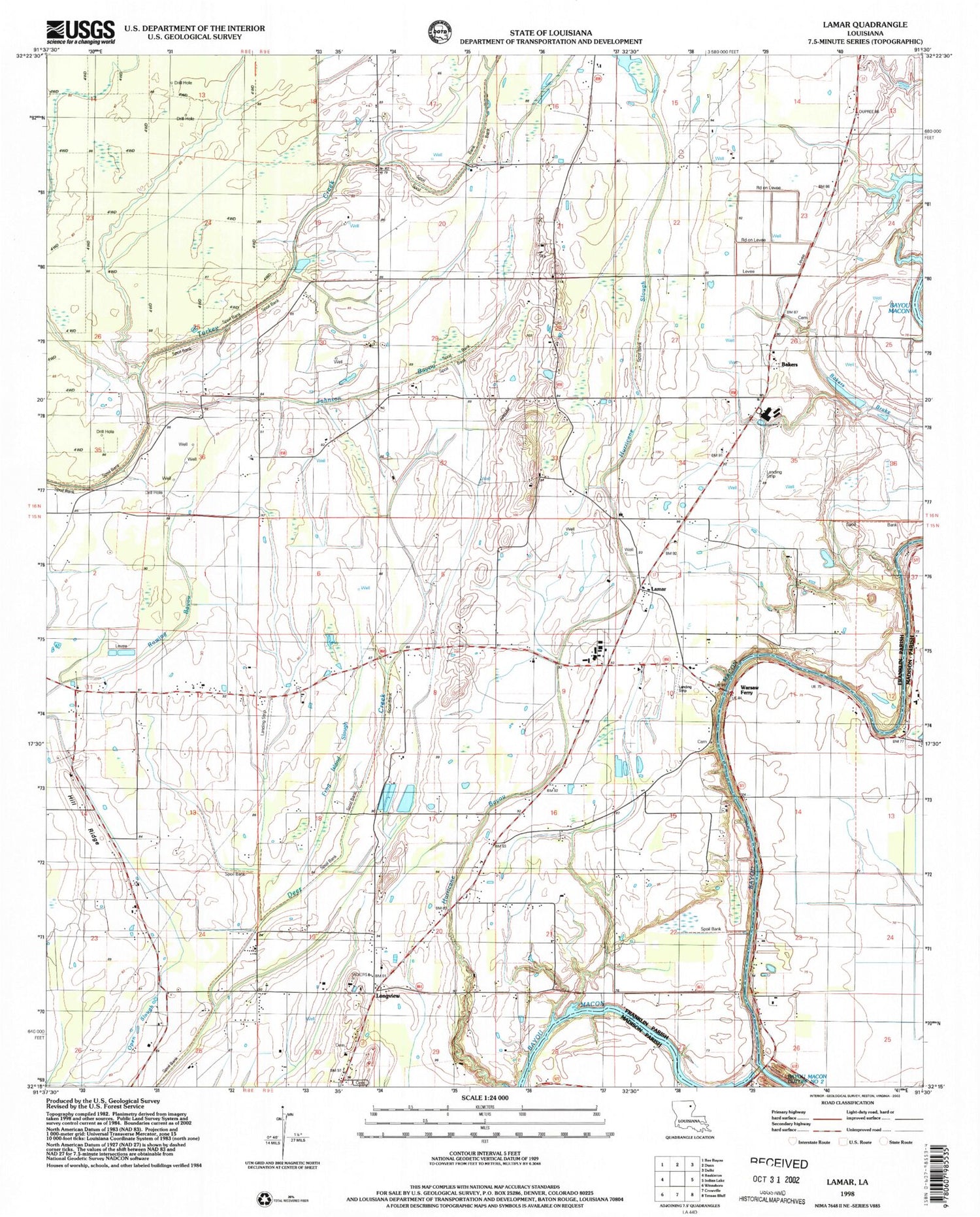 Classic USGS Lamar Louisiana 7.5'x7.5' Topo Map Image