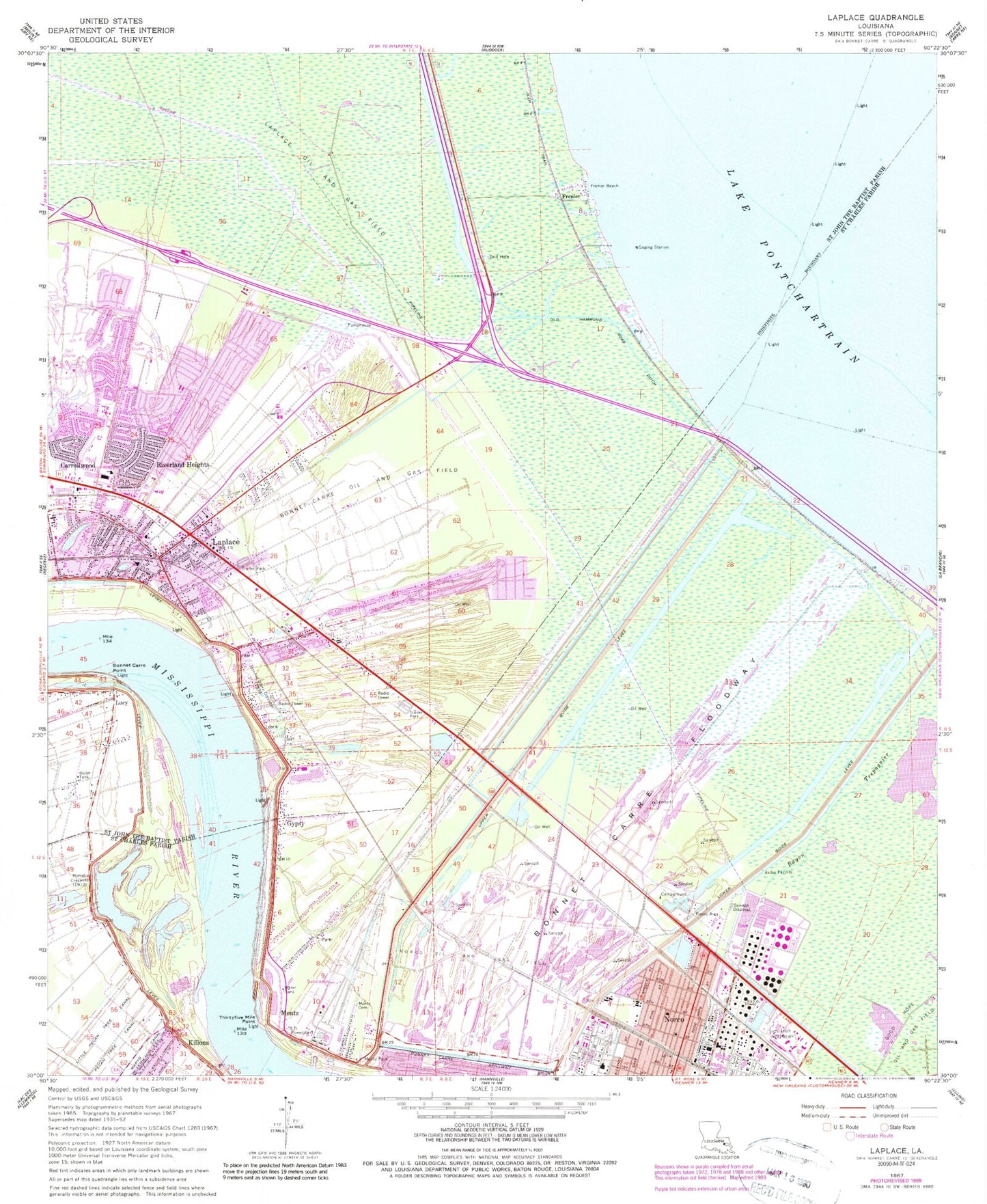 Classic USGS Laplace Louisiana 7.5'x7.5' Topo Map Image