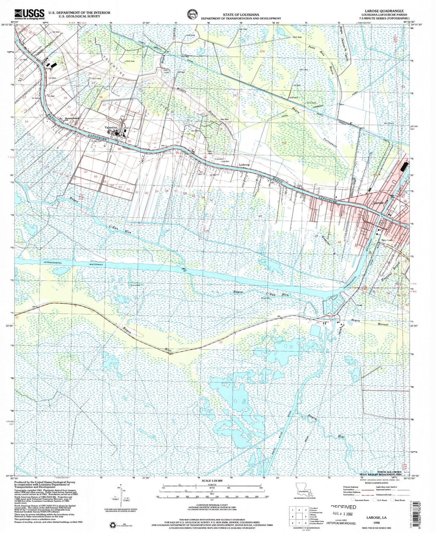 Classic USGS Larose Louisiana 7.5'x7.5' Topo Map Image