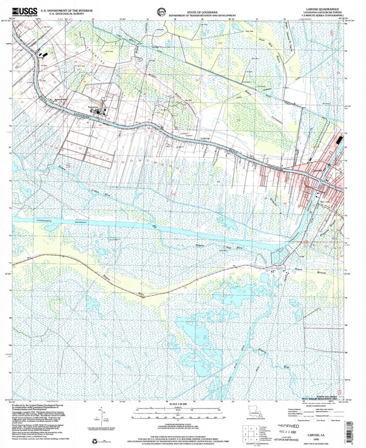 Classic USGS Larose Louisiana 7.5'x7.5' Topo Map Image