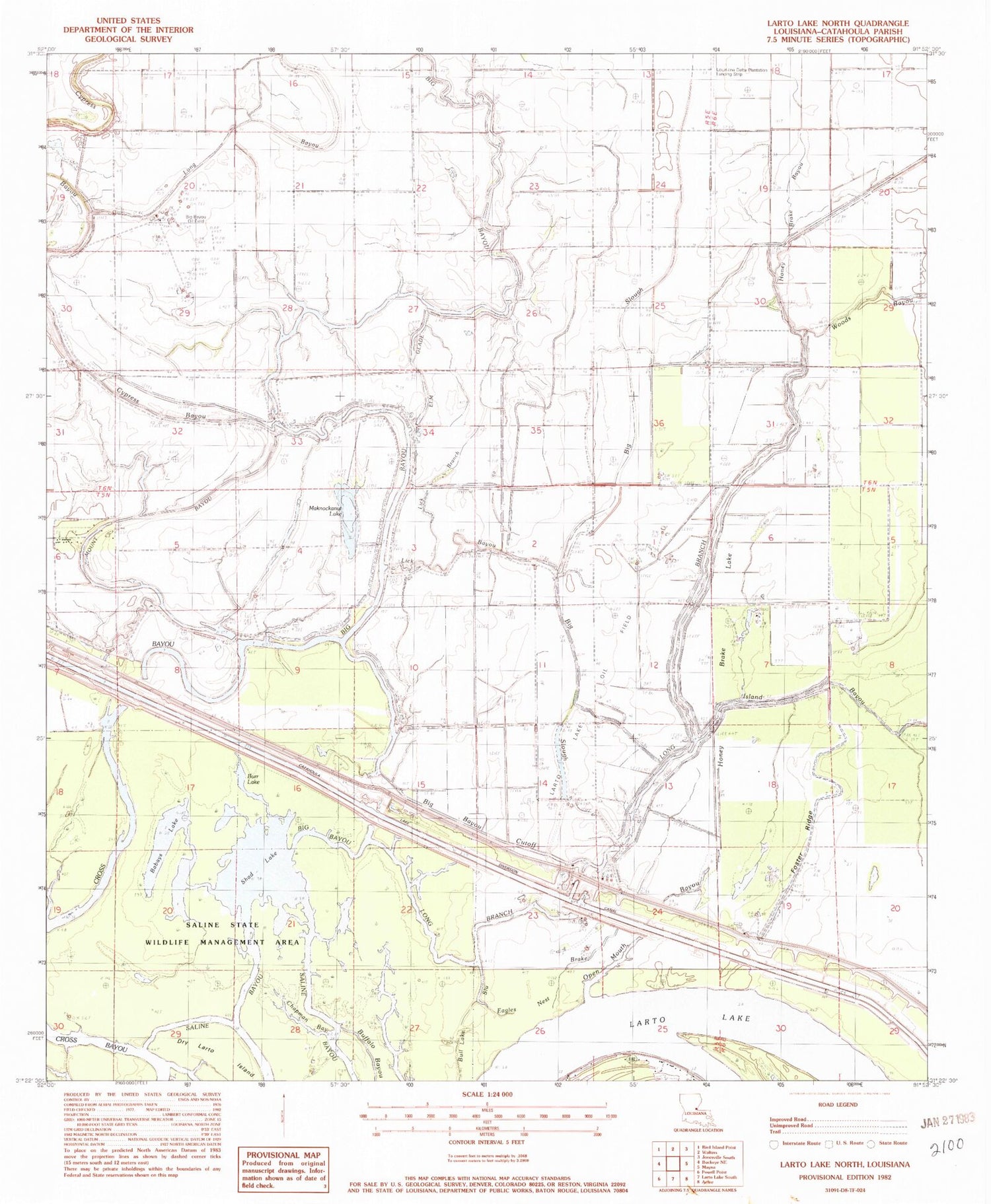 Classic USGS Larto Lake North Louisiana 7.5'x7.5' Topo Map Image