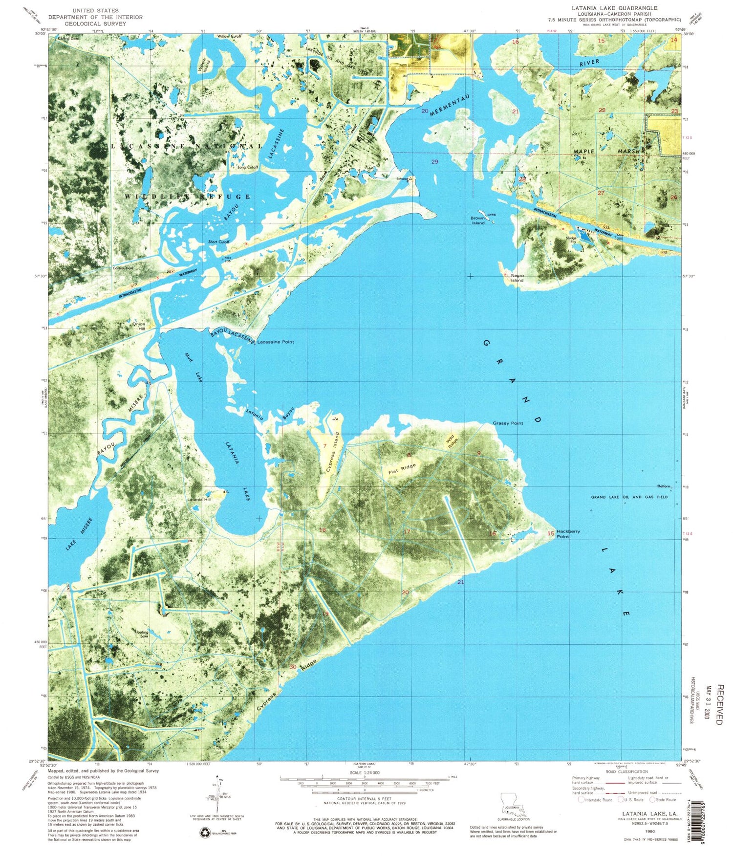 Classic USGS Latania Lake Louisiana 7.5'x7.5' Topo Map Image