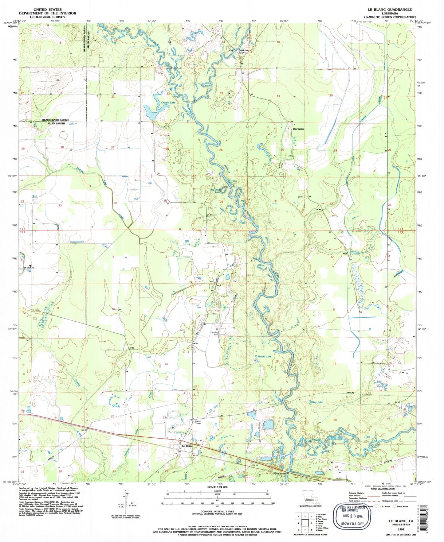 Classic USGS Le Blanc Louisiana 7.5'x7.5' Topo Map Image
