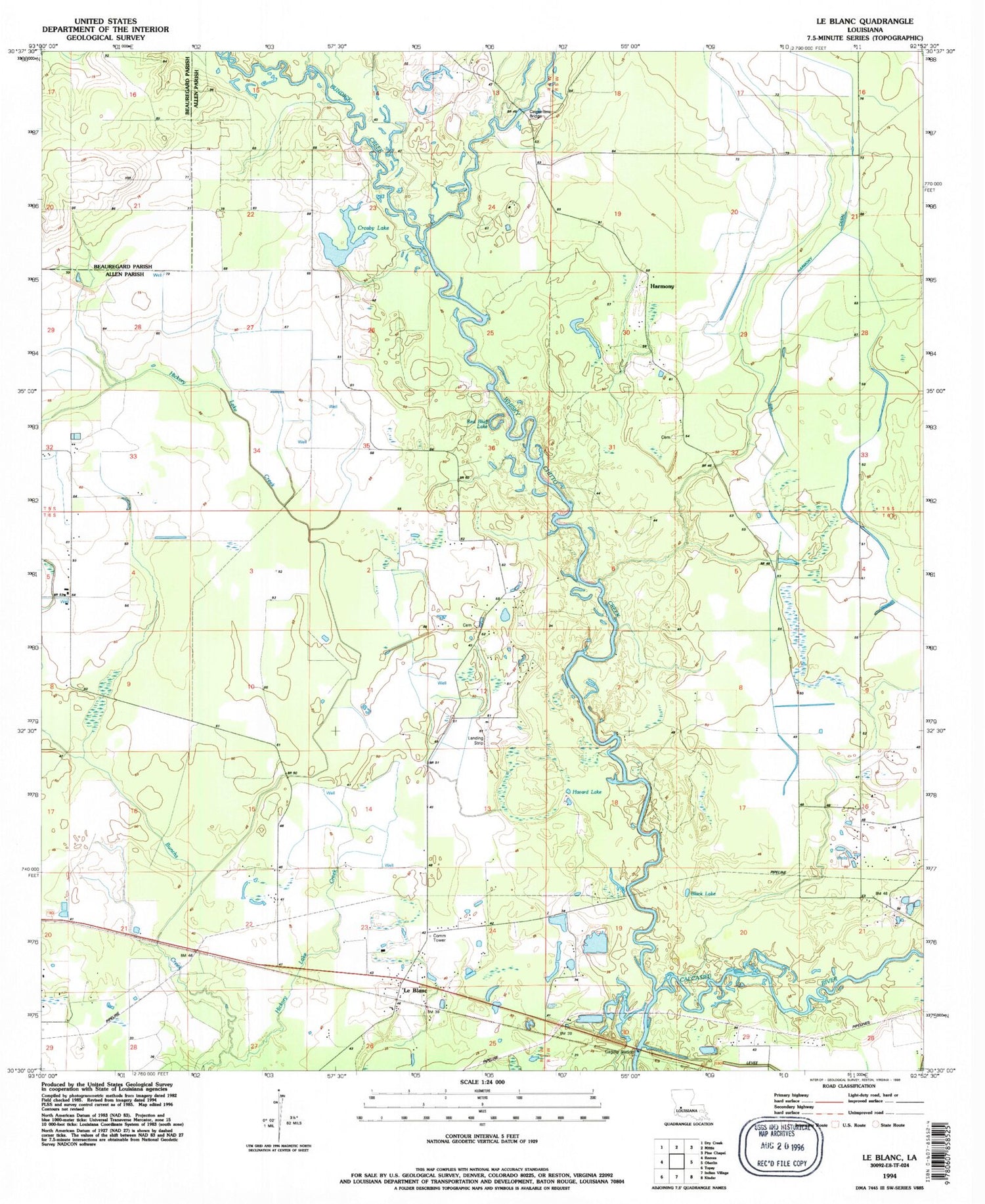 Classic USGS Le Blanc Louisiana 7.5'x7.5' Topo Map Image