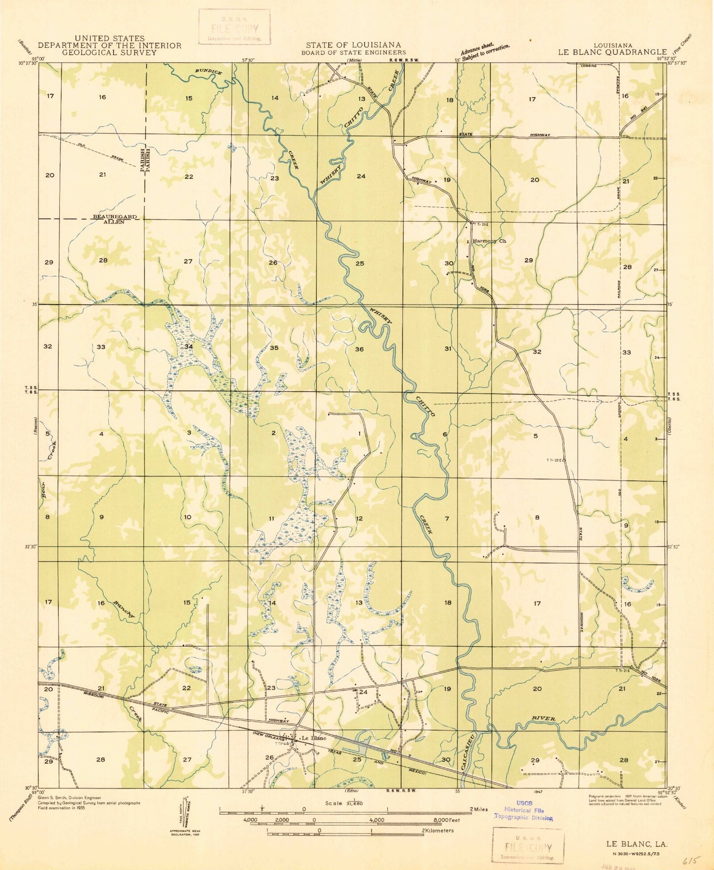 Classic USGS Le Blanc Louisiana 7.5'x7.5' Topo Map Image