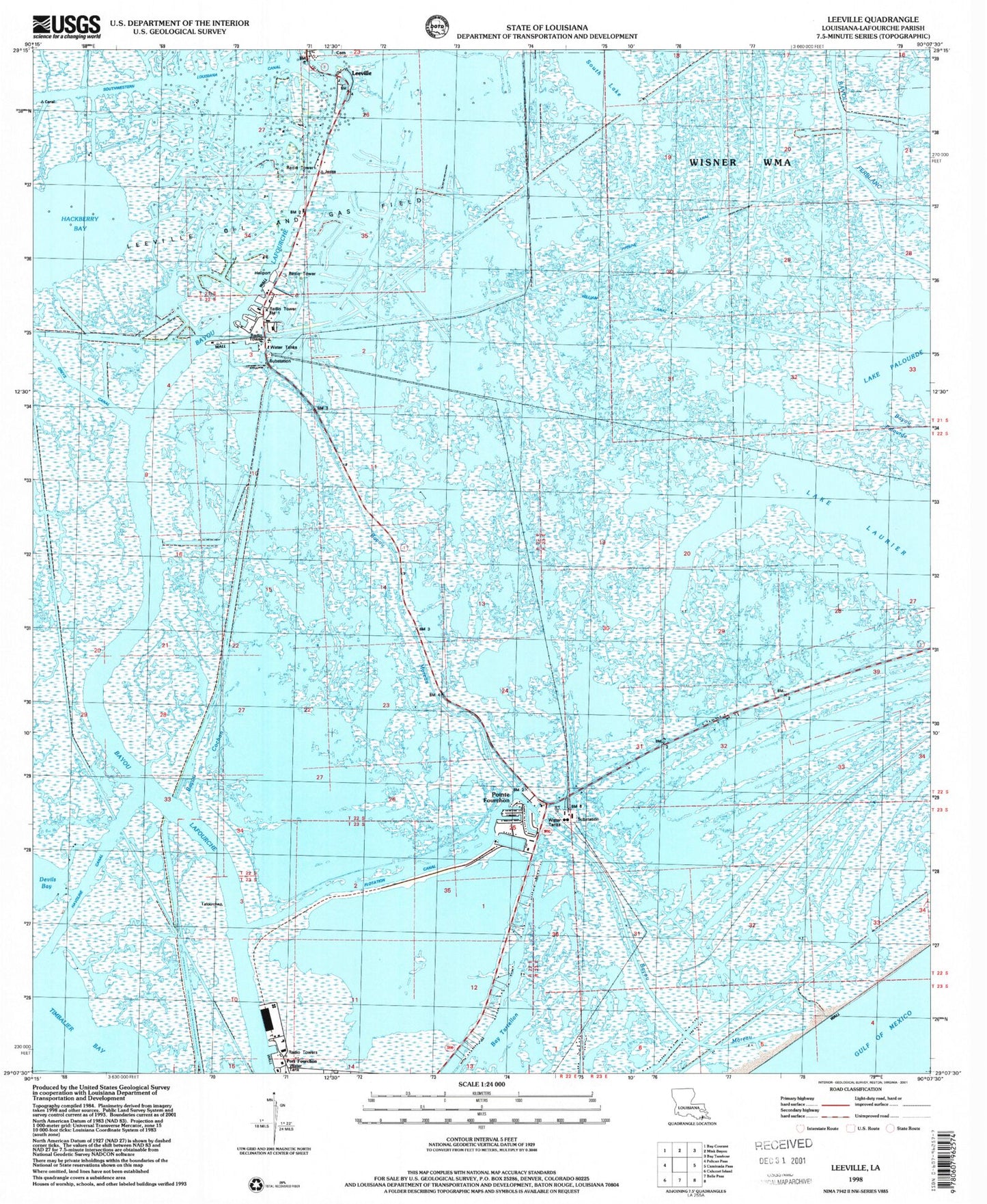 Classic USGS Leeville Louisiana 7.5'x7.5' Topo Map Image