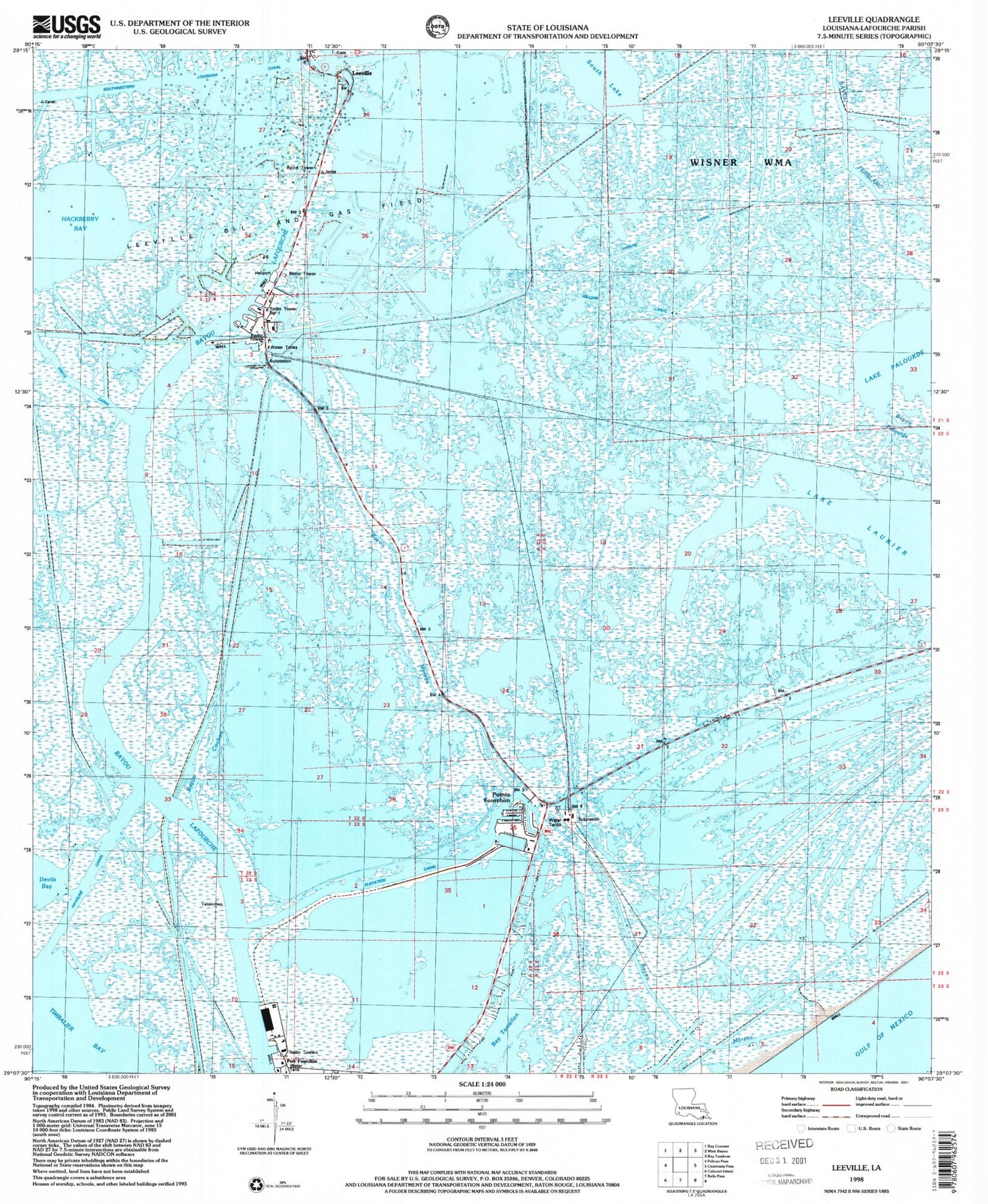 Classic USGS Leeville Louisiana 7.5'x7.5' Topo Map Image