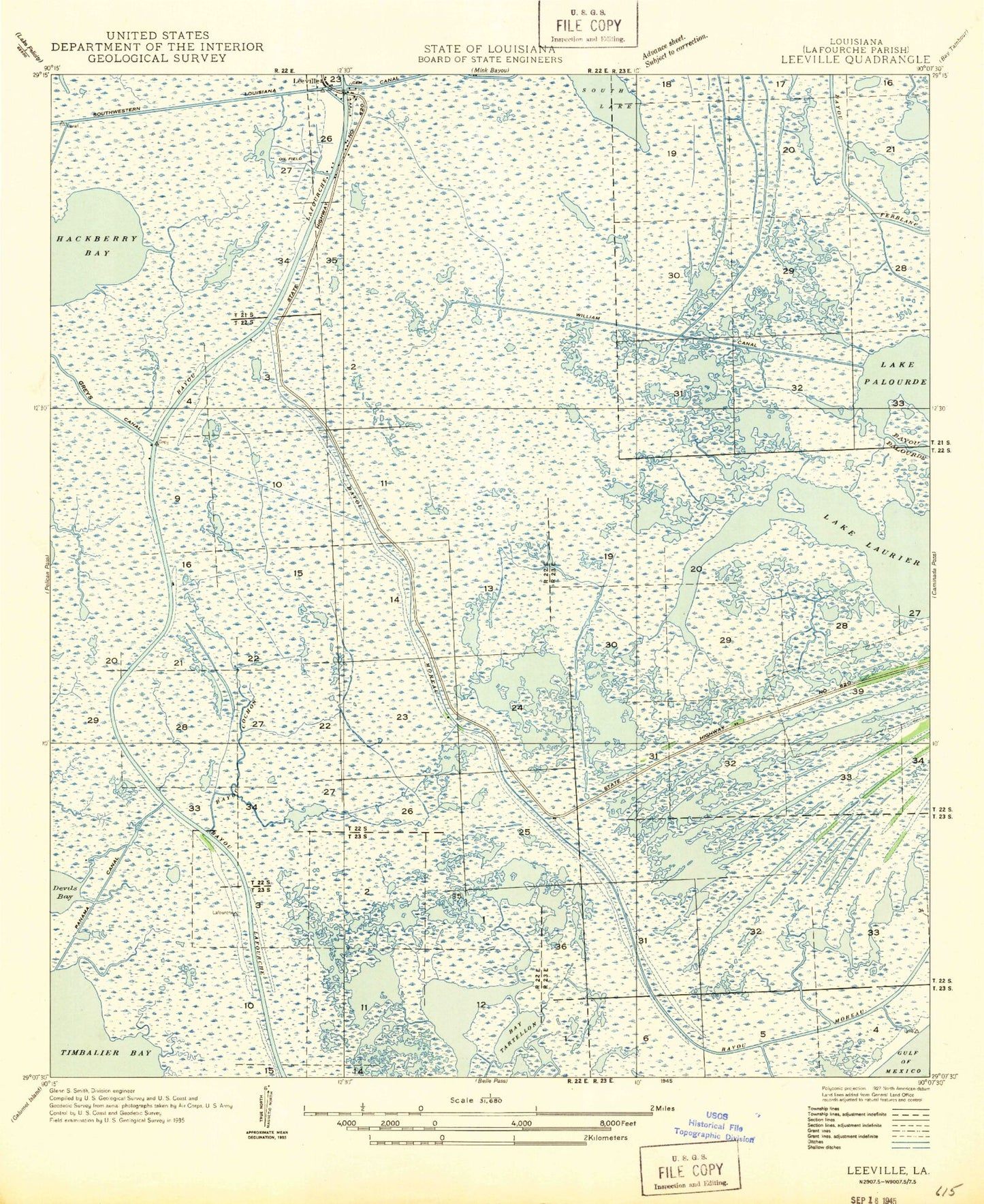 Classic USGS Leeville Louisiana 7.5'x7.5' Topo Map Image