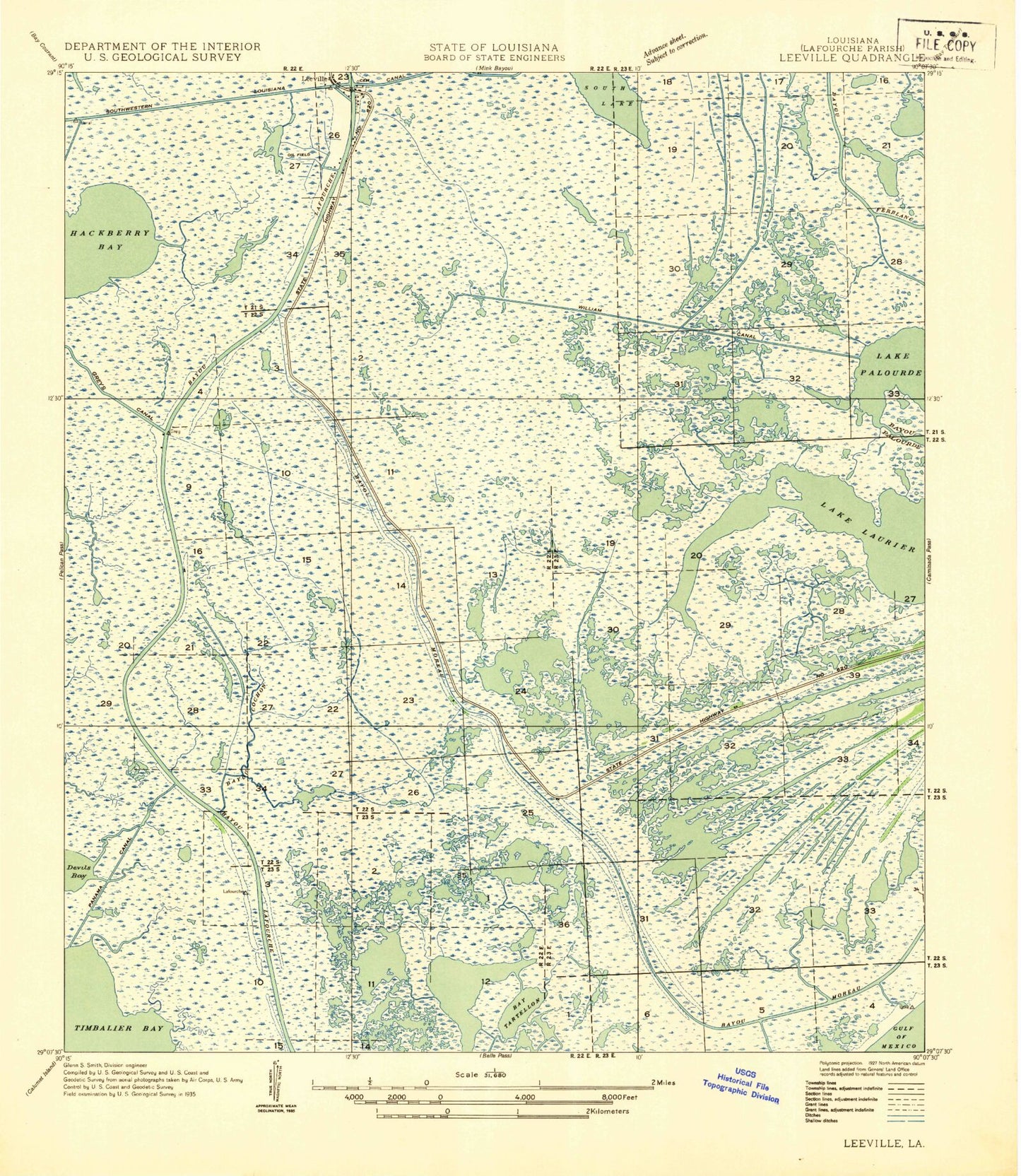 Classic USGS Leeville Louisiana 7.5'x7.5' Topo Map Image